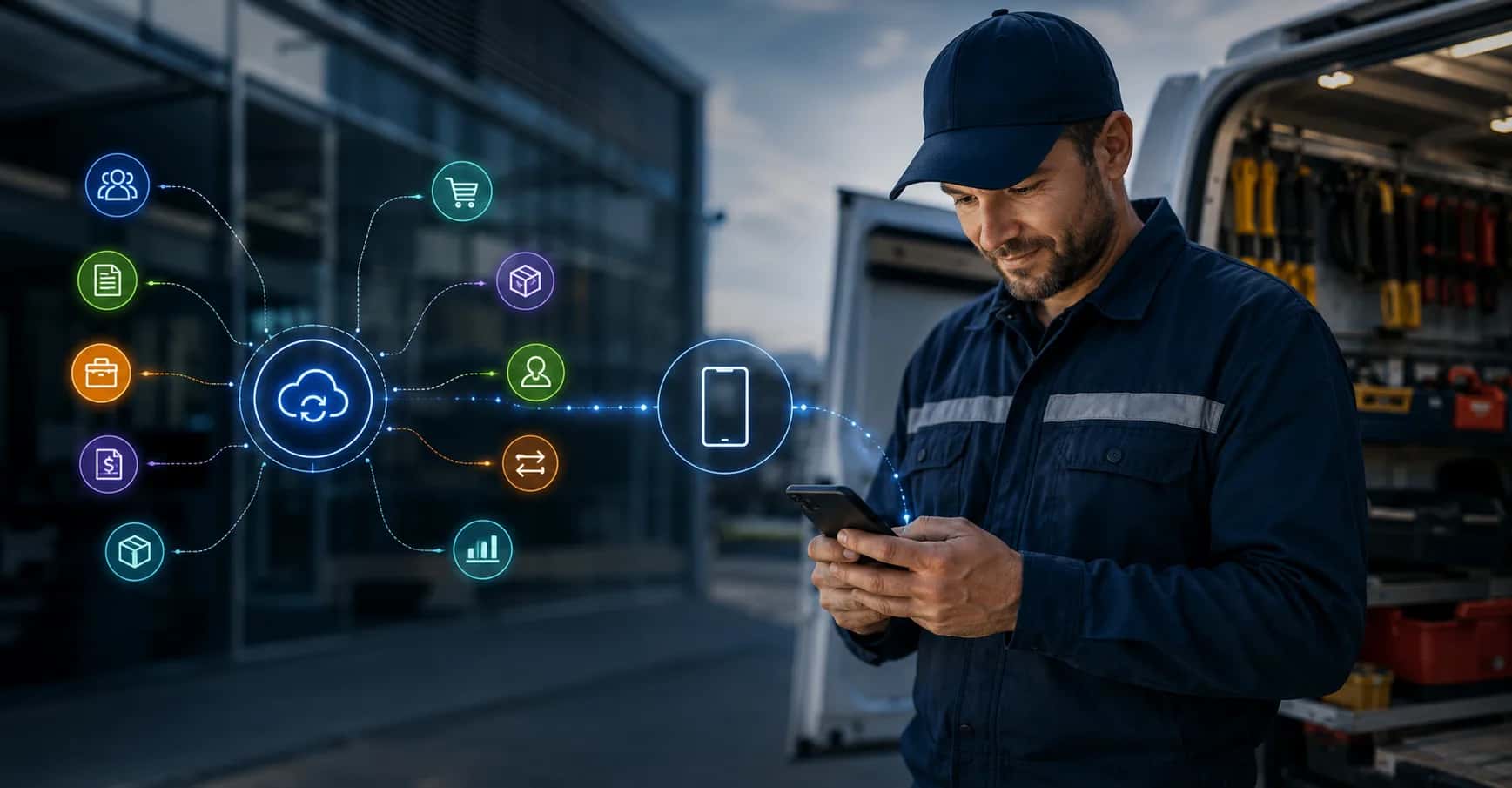 Technician at the back of a service van looking at a phone, with a diagram of connected modules syncing to the cloud beside him