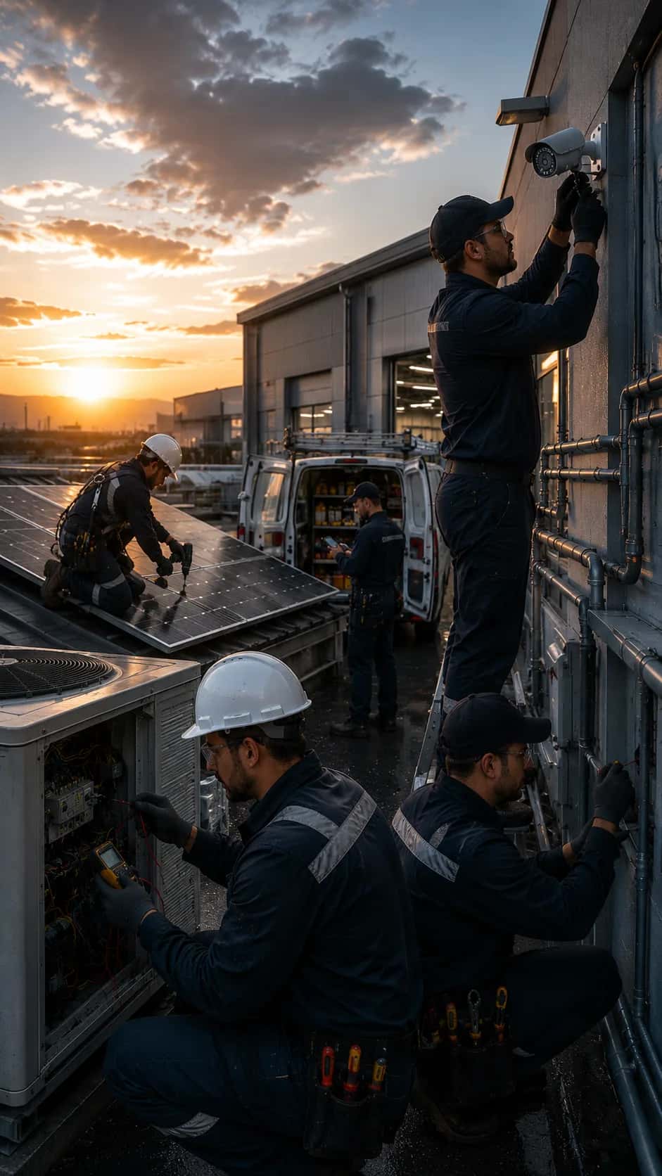 Team of field service technicians with a tablet outside a hospital plant room, with a service truck behind