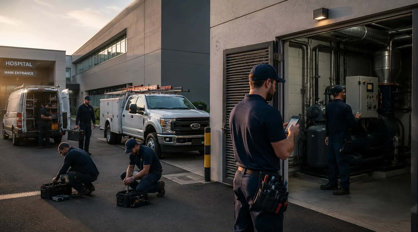 Team of field service technicians with a tablet outside a hospital plant room, with a service truck behind