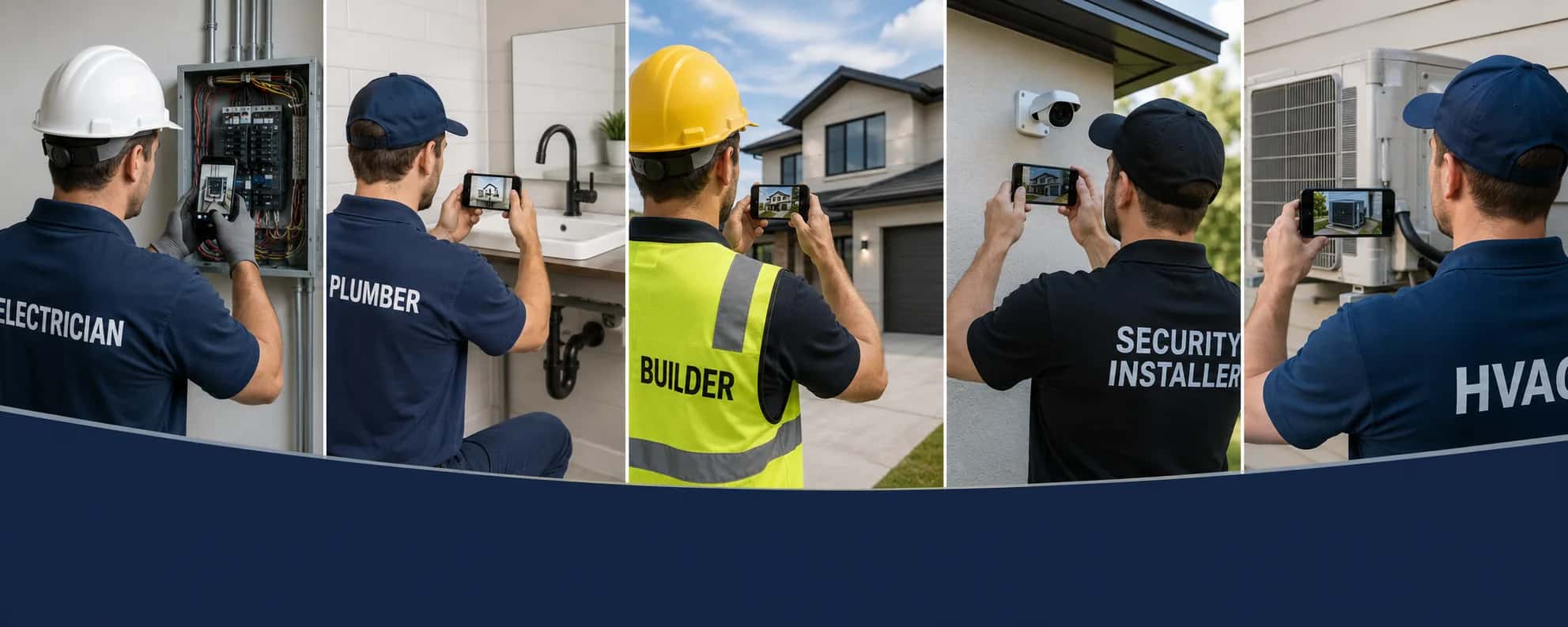 Five tradespeople side by side: an electrician, a plumber, a builder, a security installer and an HVAC technician