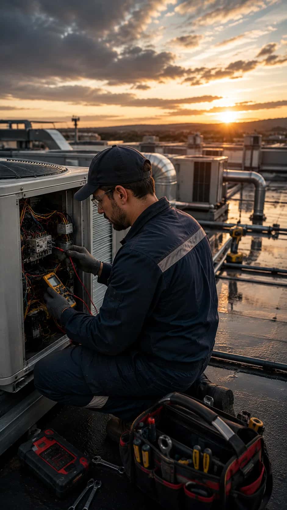HVAC technician with a phone in front of an outdoor air-conditioning unit and open electrical panel at a house