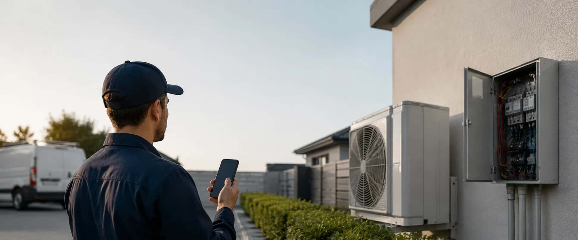 HVAC technician with a phone in front of an outdoor air-conditioning unit and open electrical panel at a house