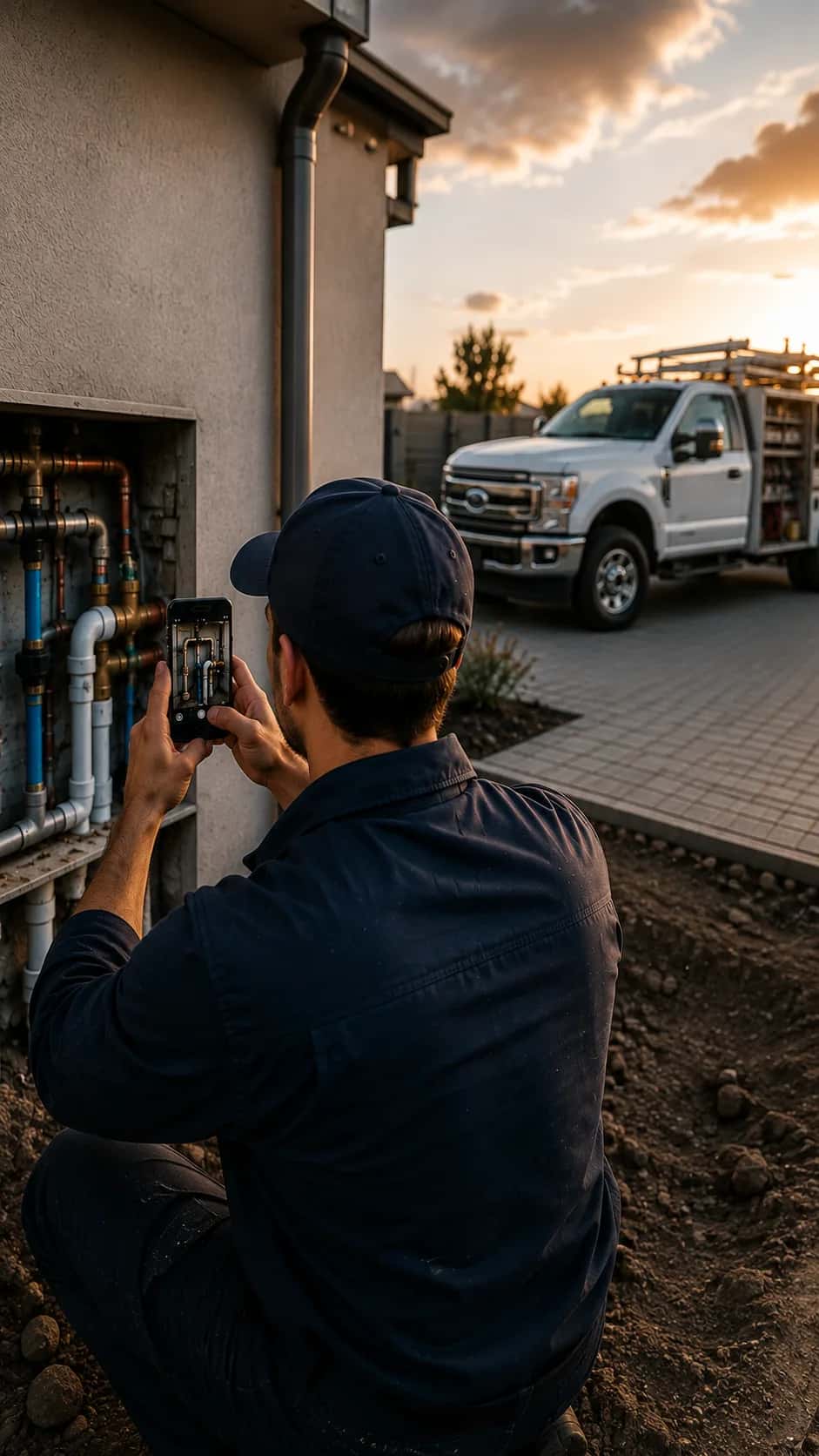 Plumber checking a phone beside exposed pipework and an open trench at a house, with a service truck at sunset