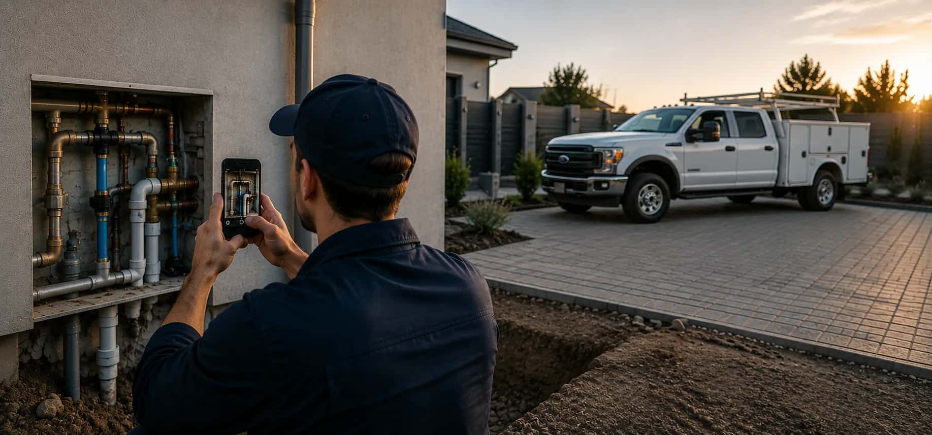 Plumber checking a phone beside exposed pipework and an open trench at a house, with a service truck at sunset