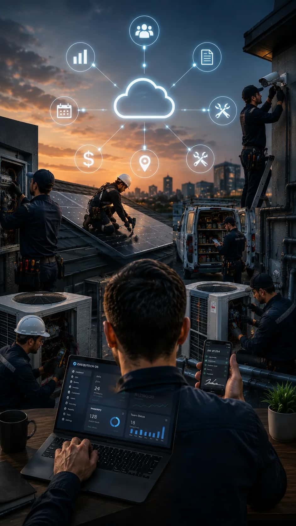 Rooftop at dusk with an electrician at a distribution board, a solar installer on a panel, an HVAC technician at a condenser unit and a CCTV installer on a ladder, with a laptop showing the ExequtechOS dashboard in the foreground