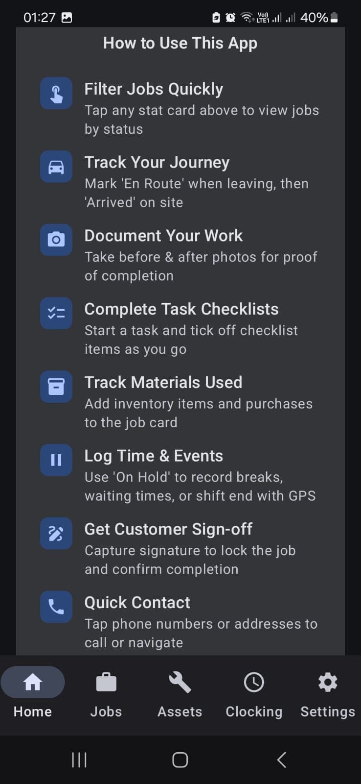 Exequ-Jobs Android app home screen showing a technician's assigned job cards for the day