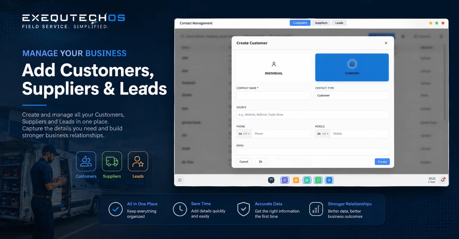 Add customers, suppliers and leads in ExequtechOS — the Create Customer form in the contact management module