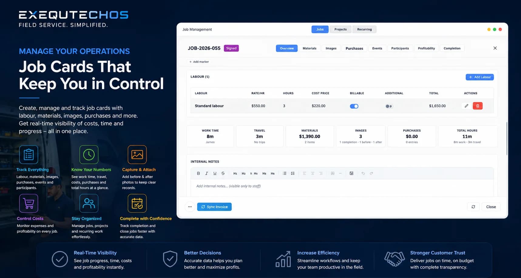 Job cards that keep you in control — an ExequtechOS job card overview with labour, work time, materials, images and purchases