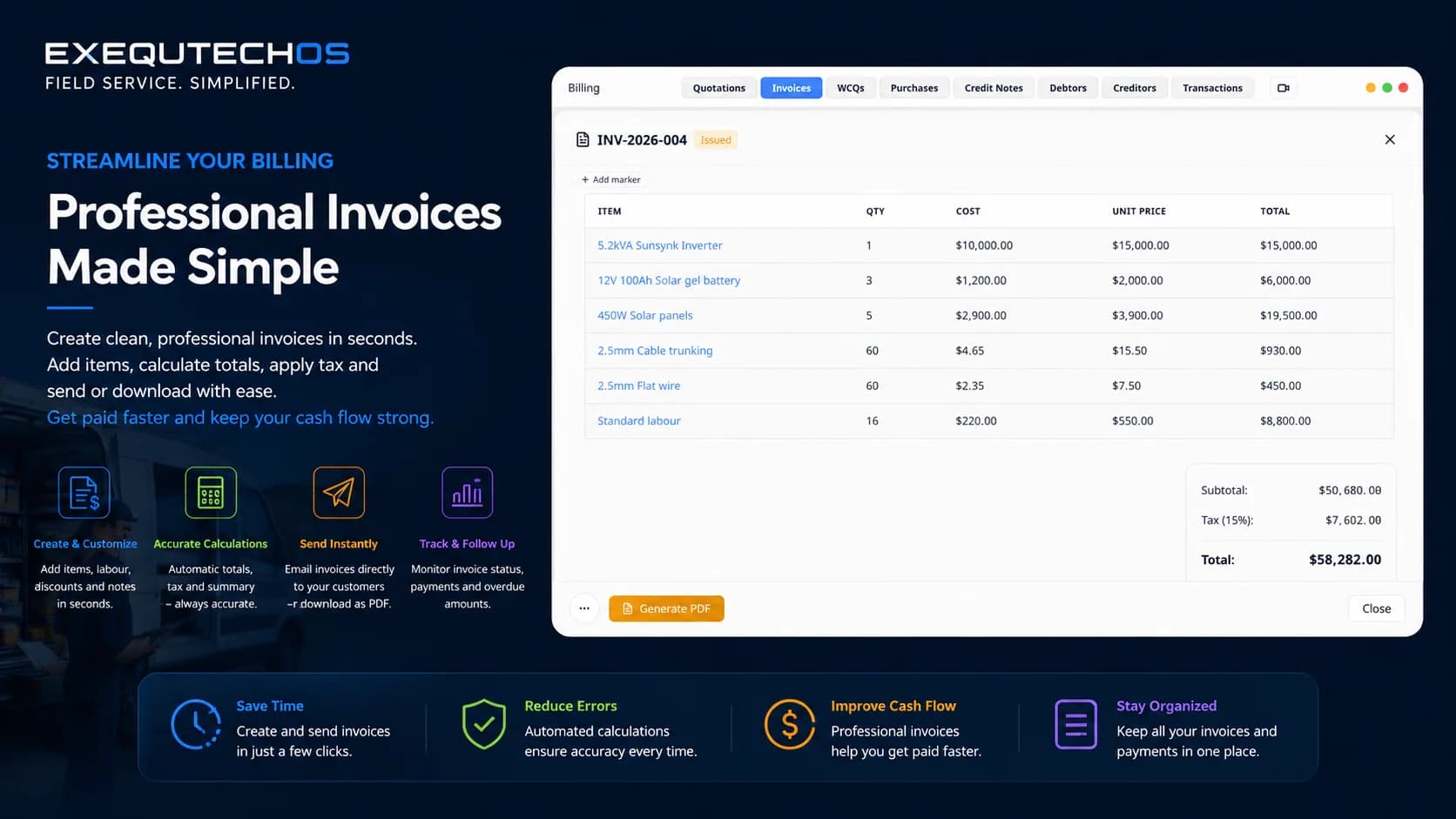 Professional invoices made simple — an issued ExequtechOS invoice with line items, tax and total, ready to generate as a PDF