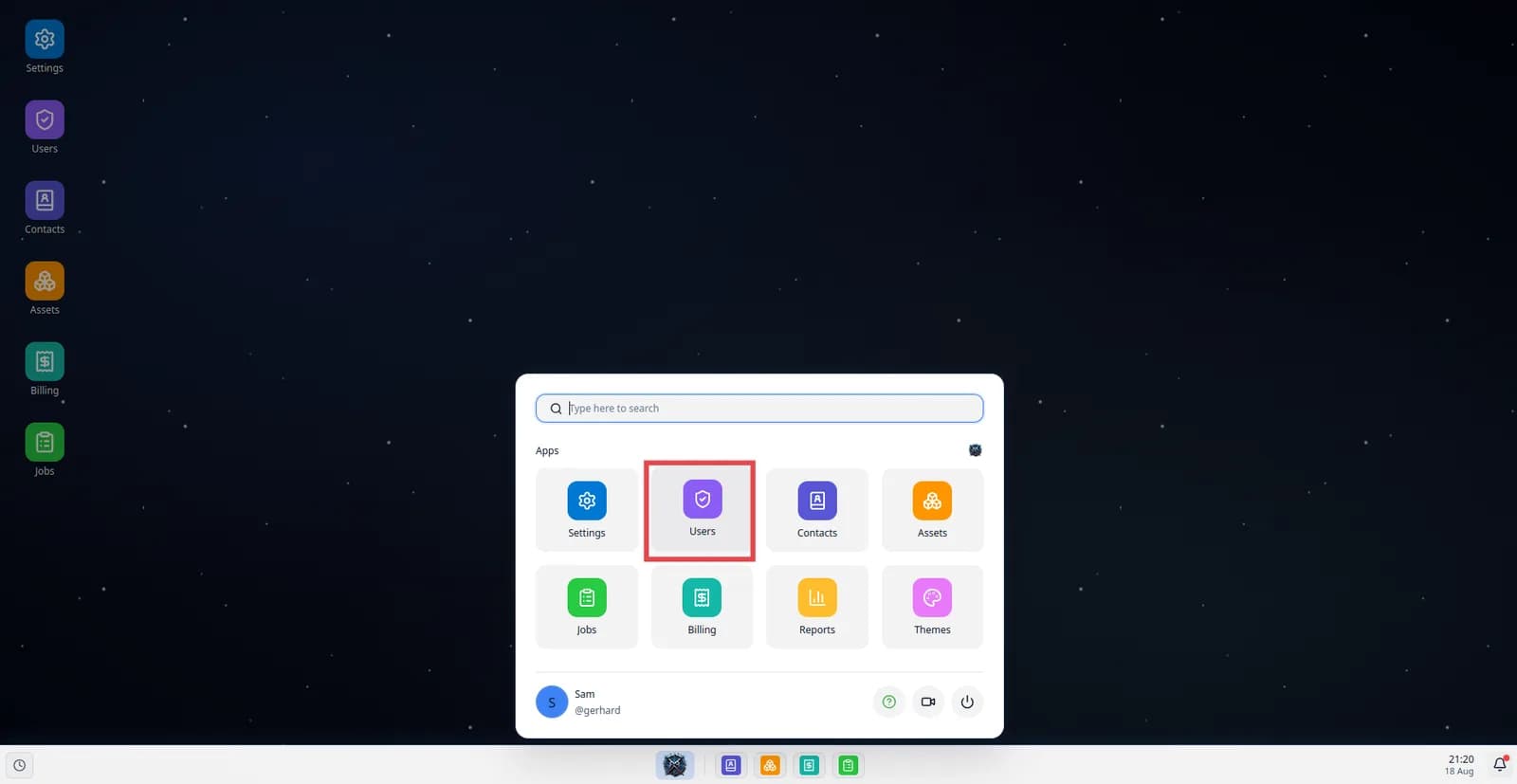 The Exequtech OS app menu open with the Users app ready to be selected
