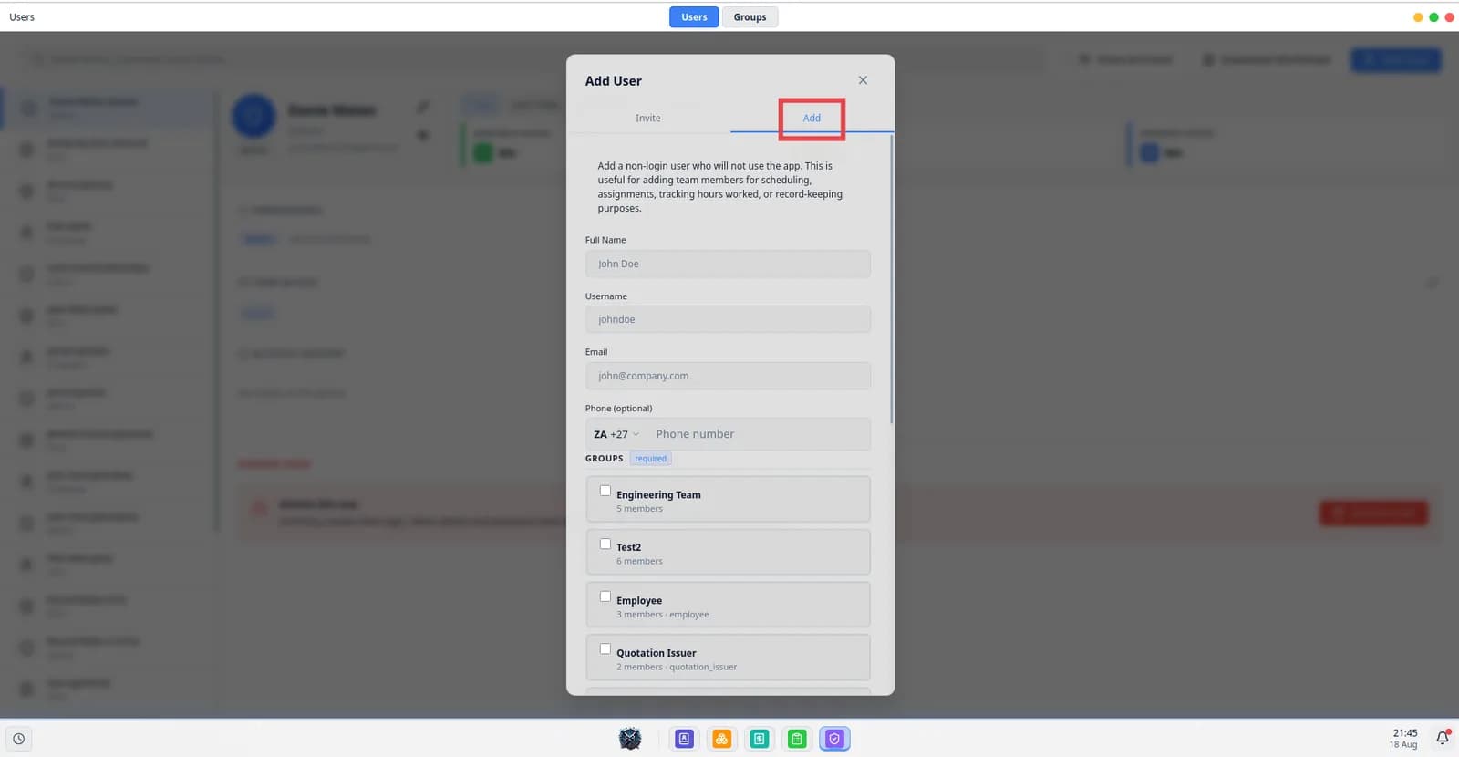 A user added without a signup token, for workers who are tracked but do not log in