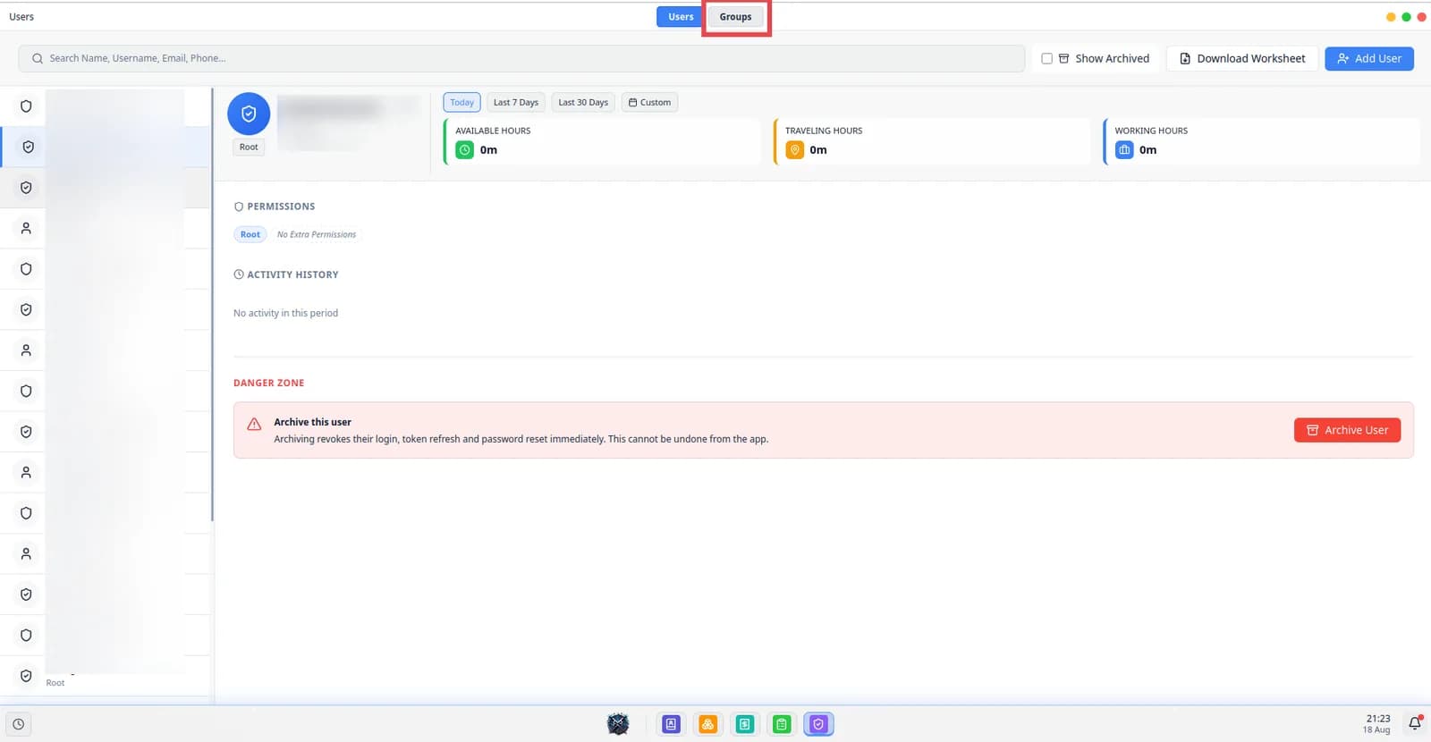 The Users app with the Groups section, where groups are created for each job function