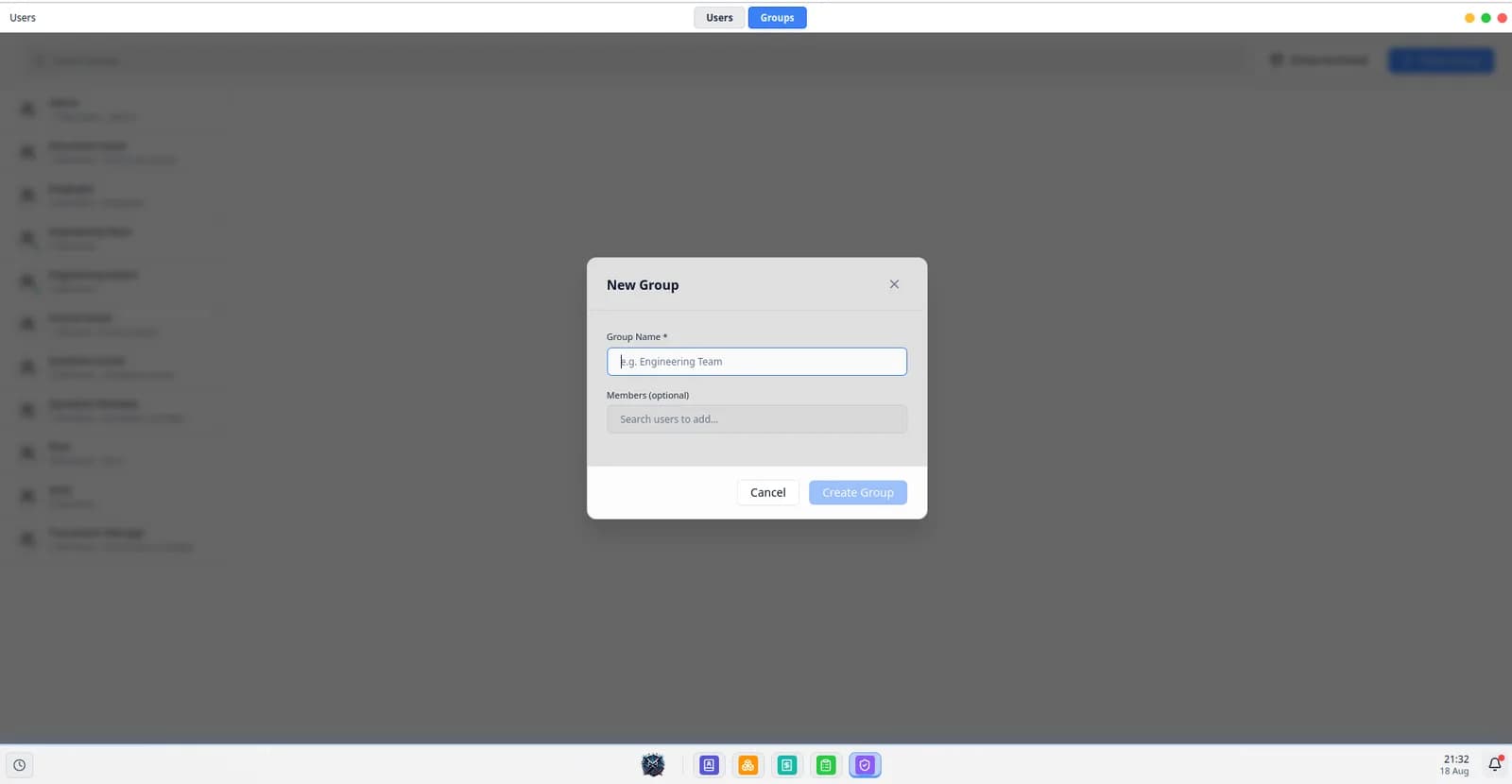 The new group form, with a field for the group name and a member picker