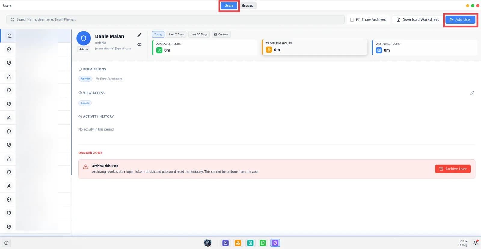 The Users list with the Add user button