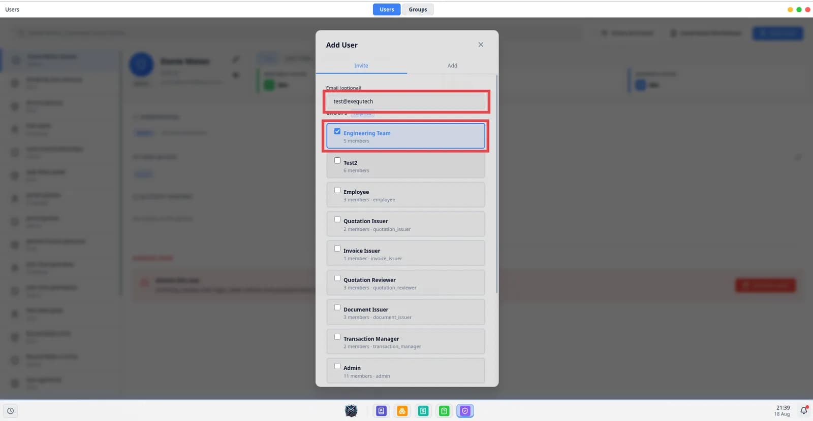 The add user form, with the email address field and the group selection