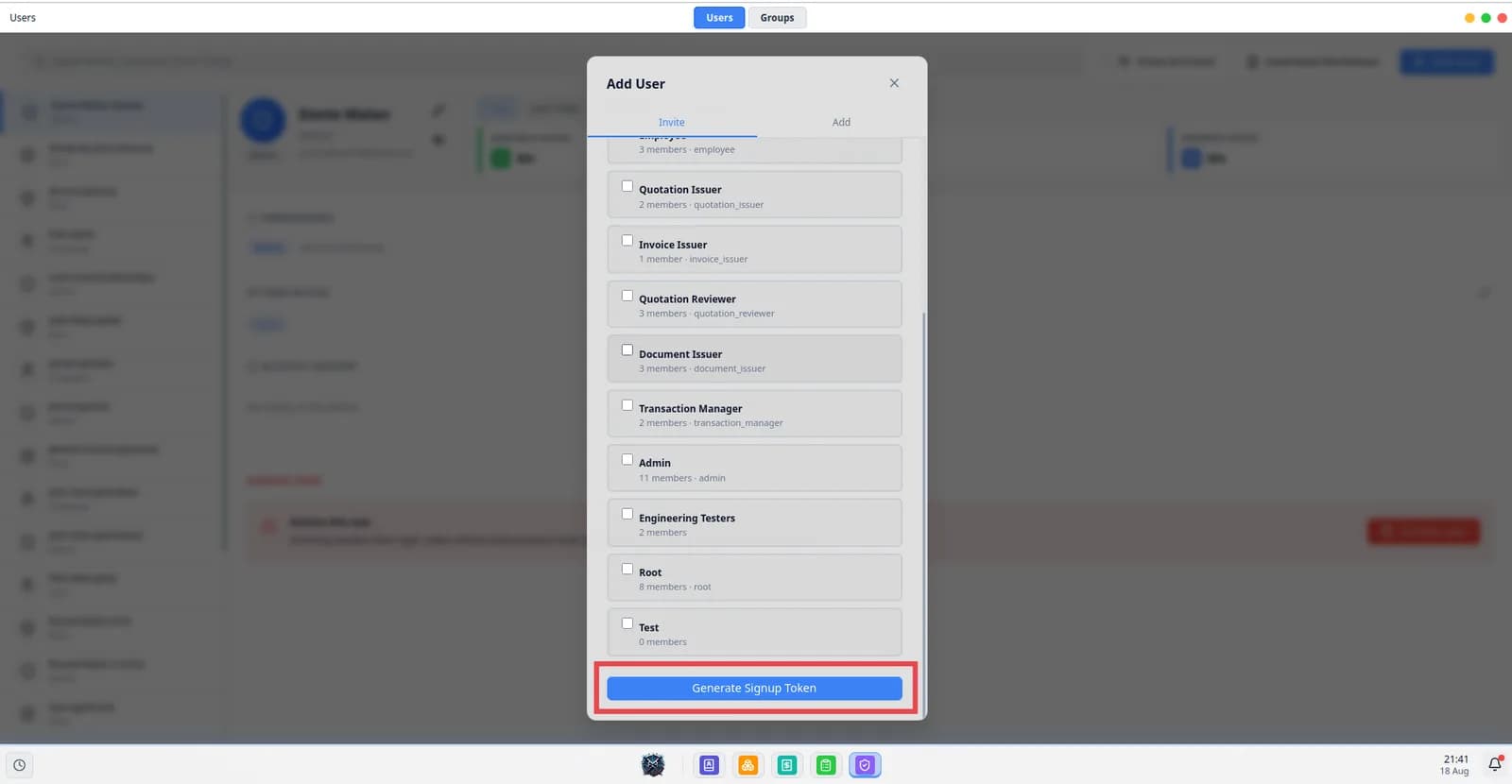 The Generate signup token button lower down on the add user form