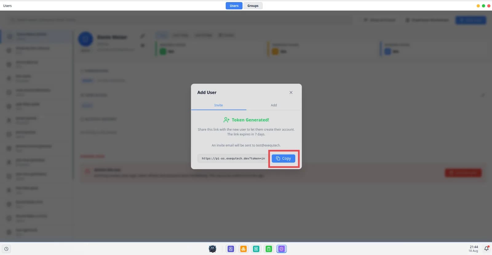The generated signup link ready to be copied and sent to the new user