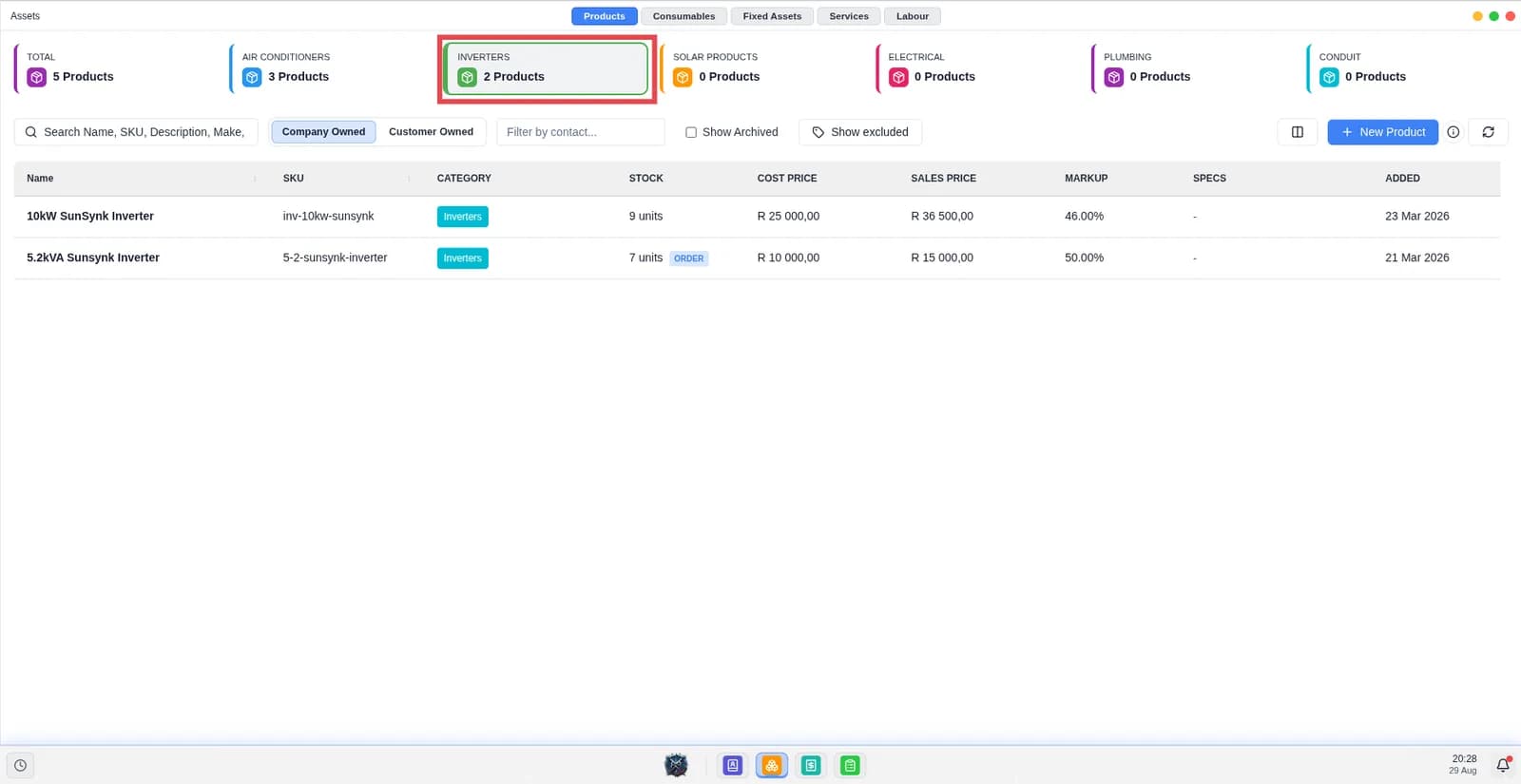 Screen shows the items filtered according to the named category.