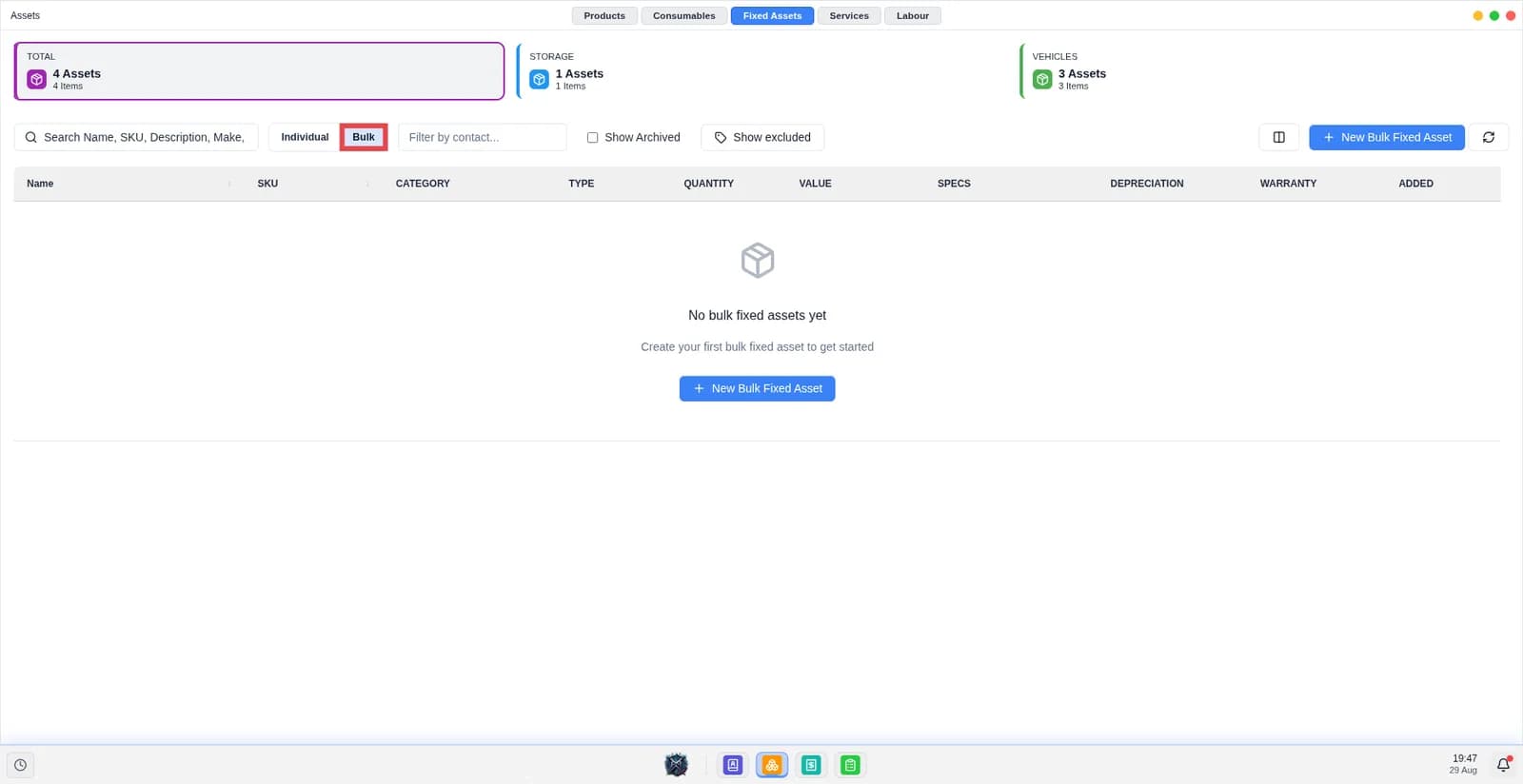 Screen shows the list of bulk assets.