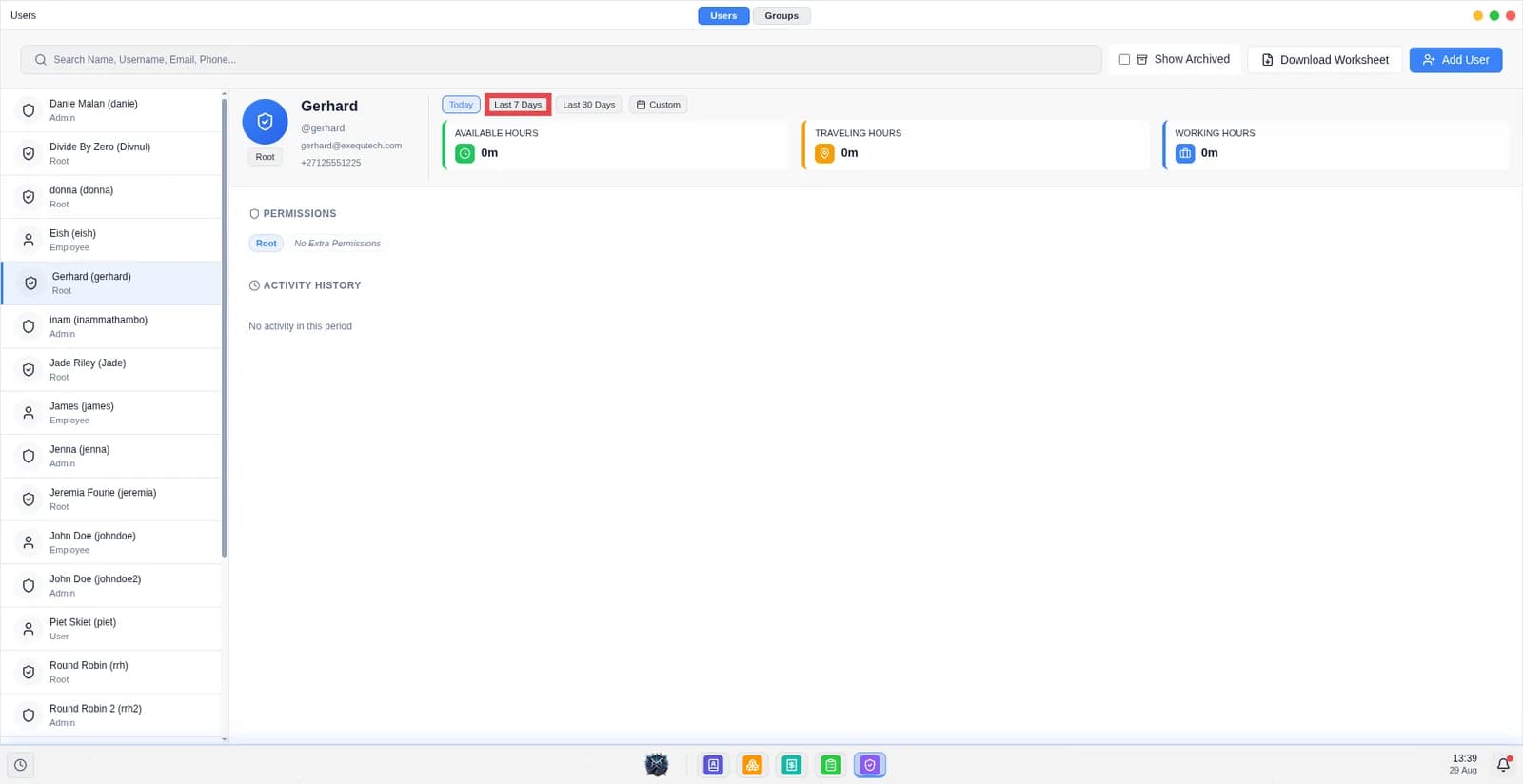Screen shows the selection for time period to view the working hours.