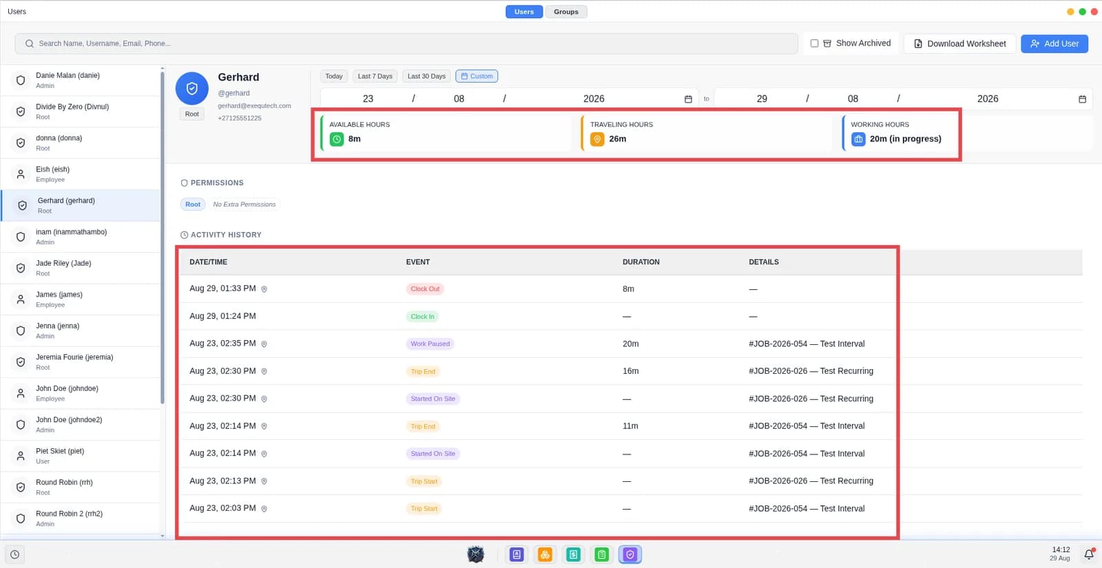 Screen shows total working hours broken down into available hours, traveling hours and working hours.