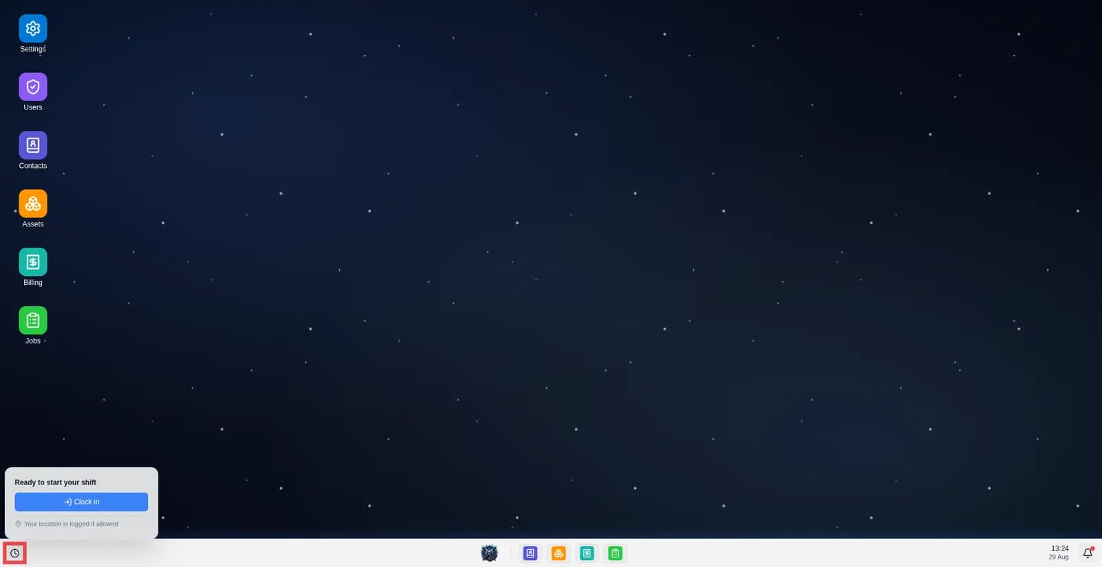 Screen shows the clock icon and clock in modal.
