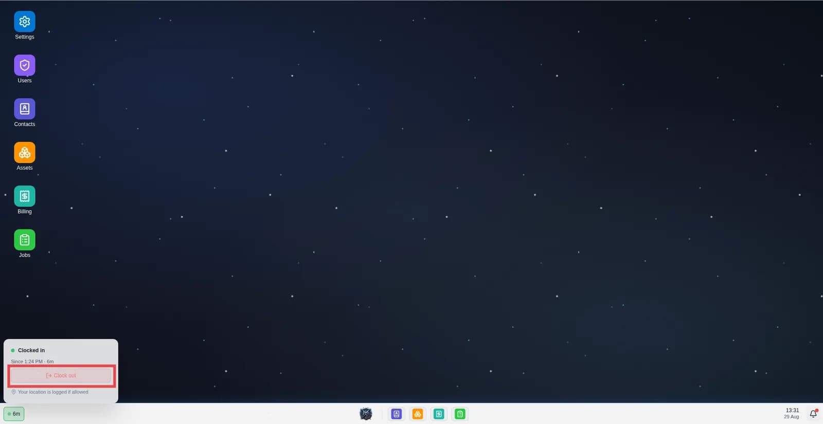 Screen shows the clocking modal to clock out after shift is complete.