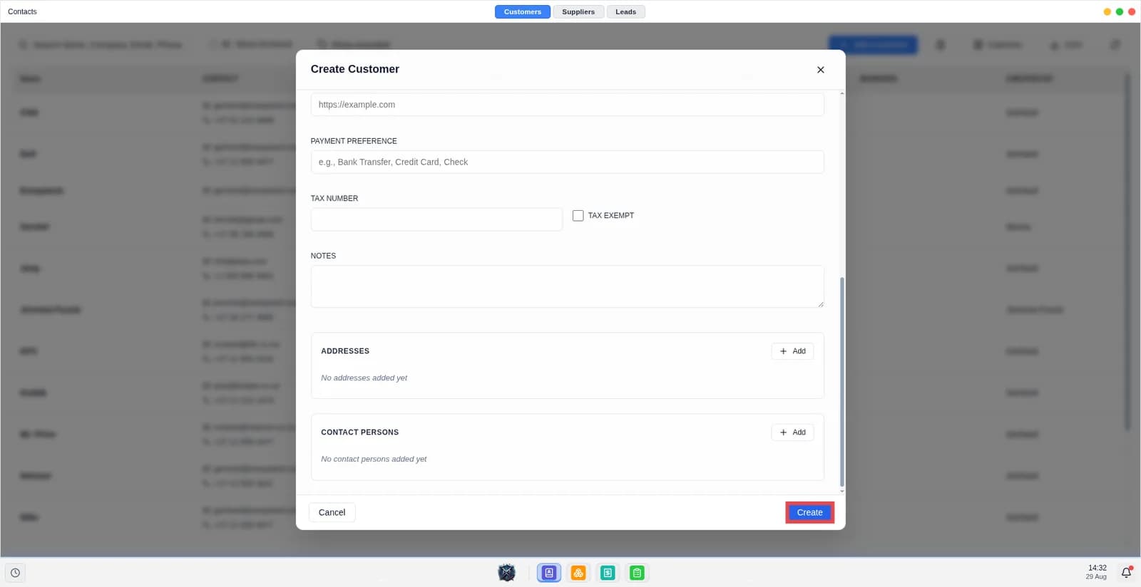 Screen shows the new customer modal with the create button.