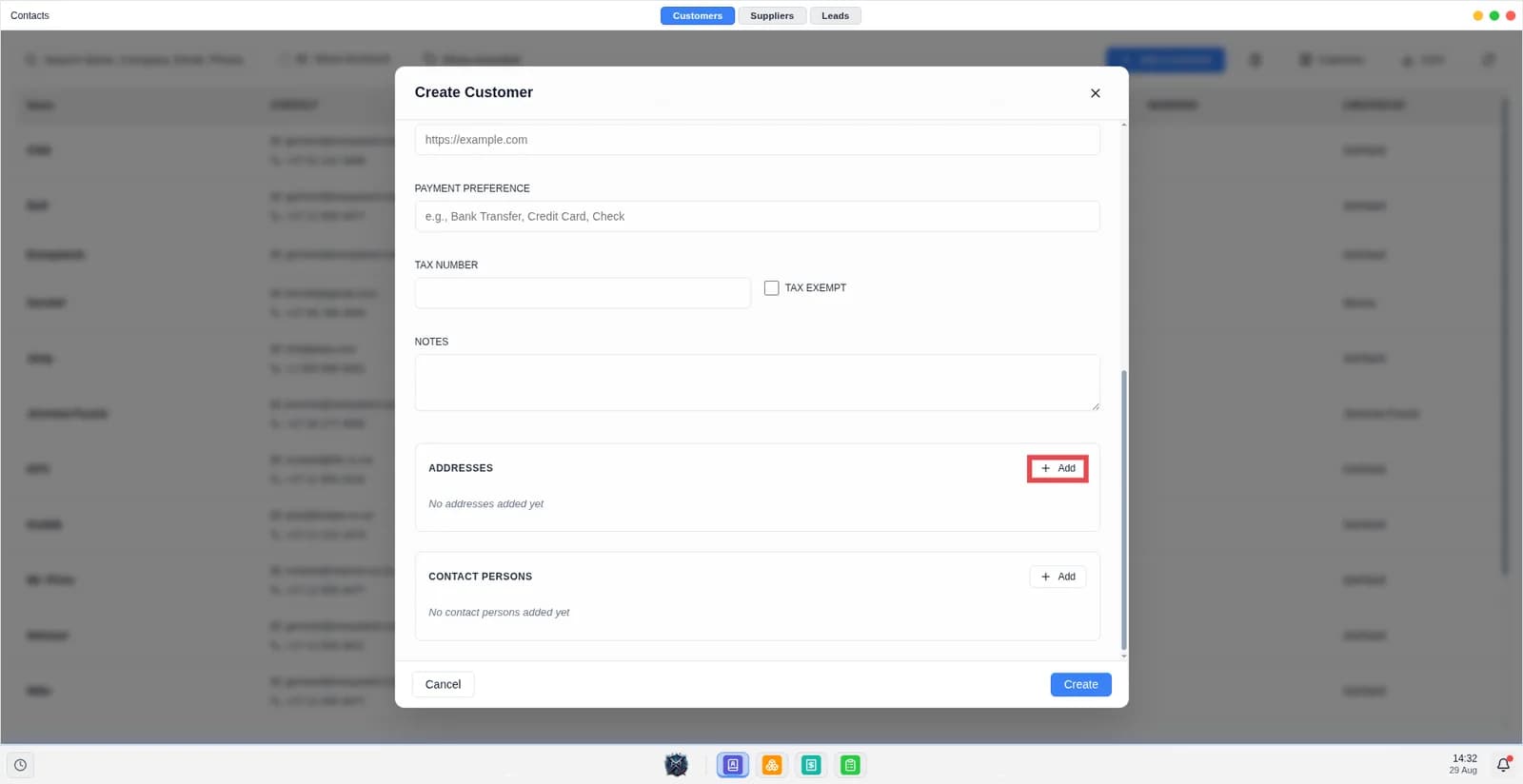 Screen shows customer modal.