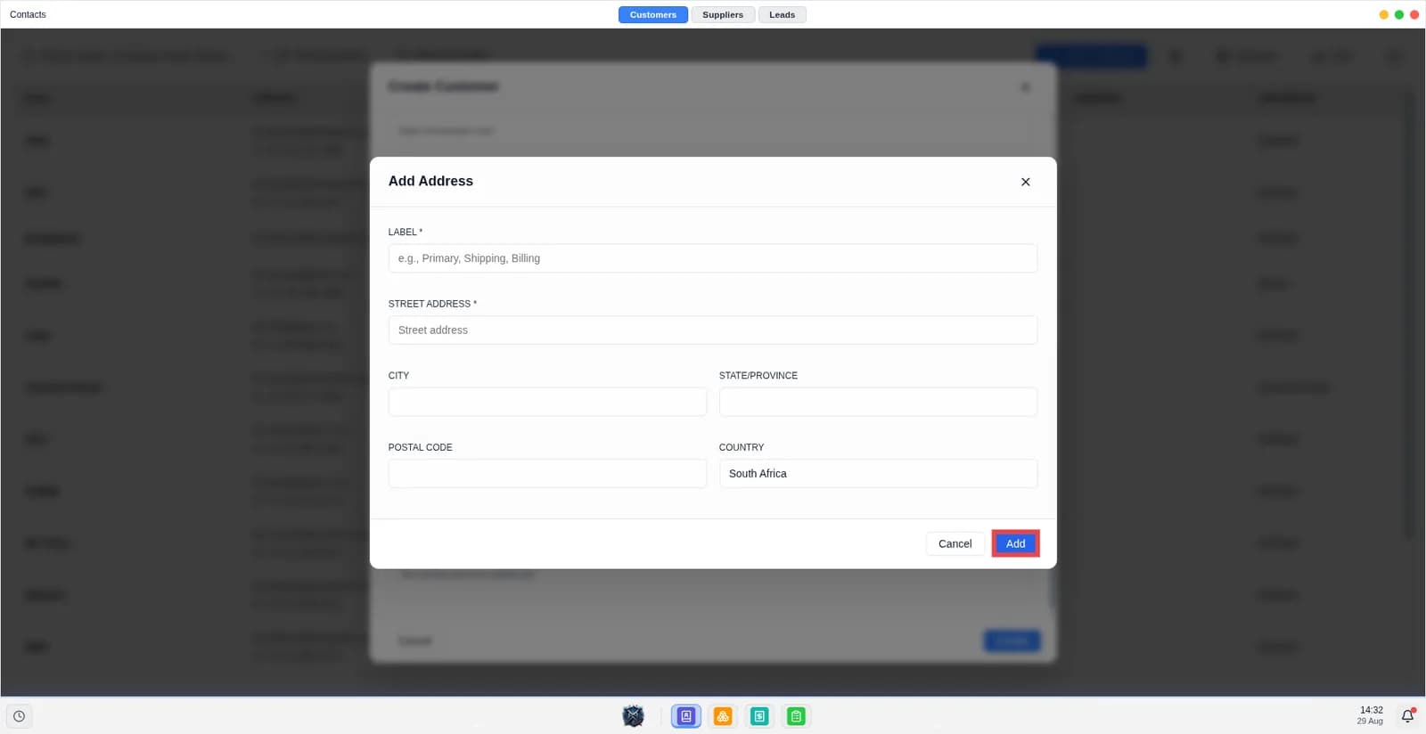 Screen shows the add address modal.