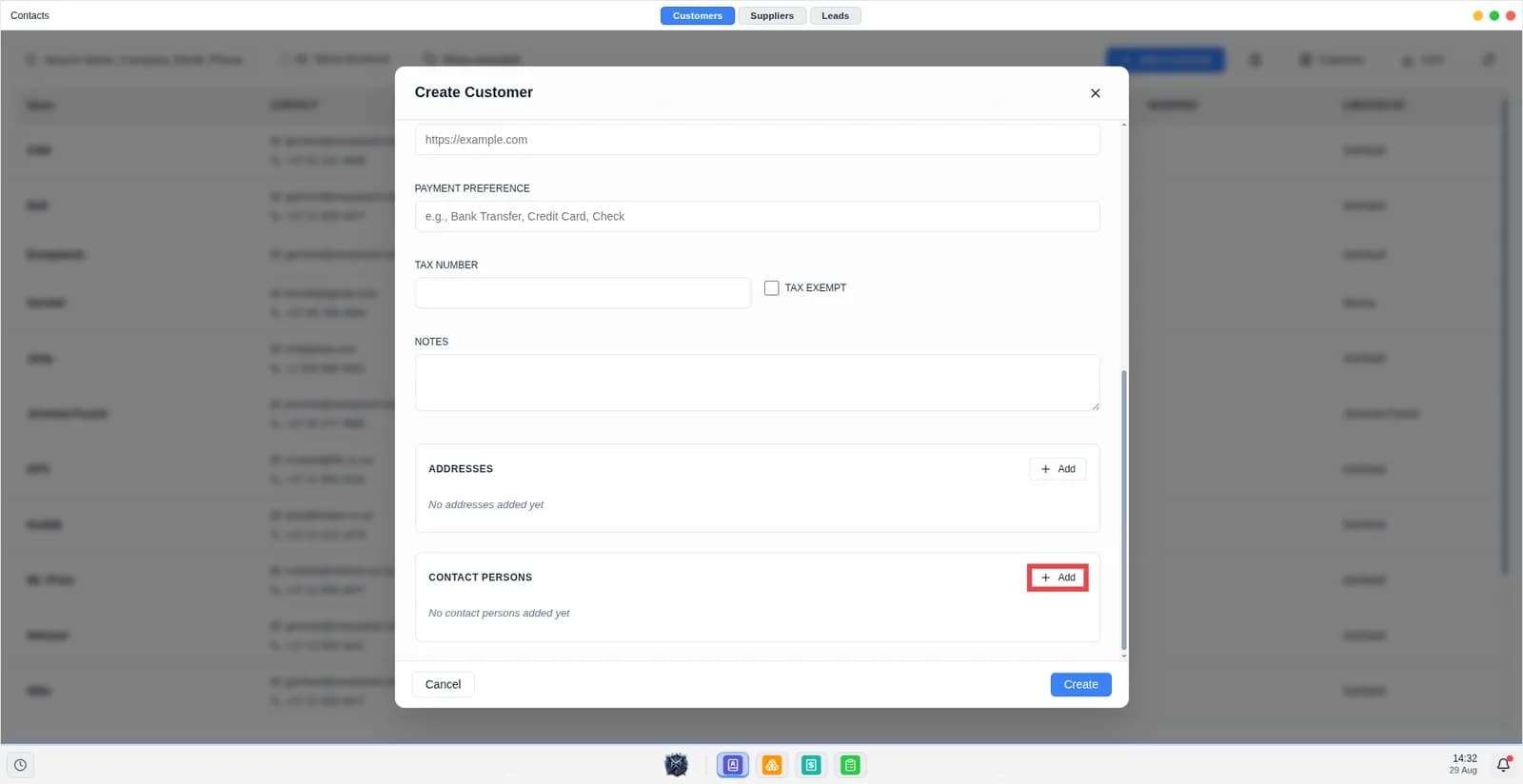 Screen shows customer modal.