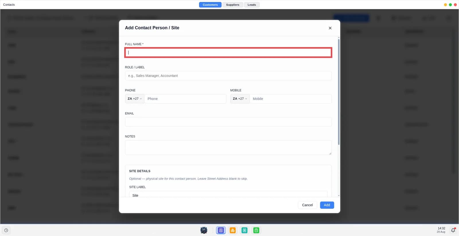 Screen shows the add contact person modal.