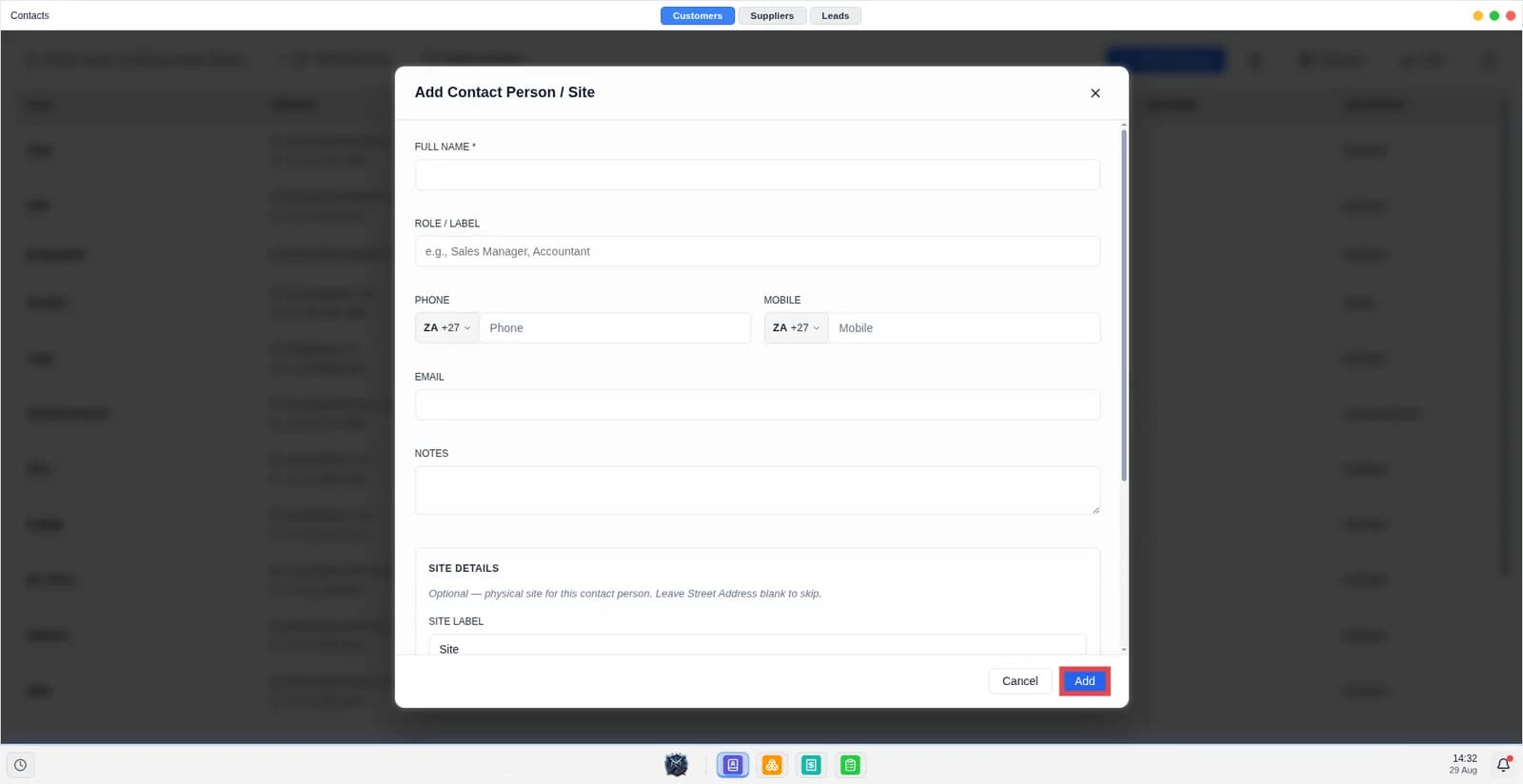 Screen shows customer modal with add button.