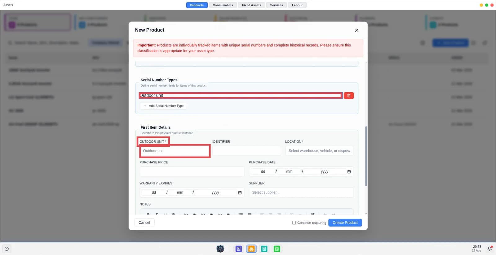 Screen shows the new product modal with the serial number inputs highlighted.