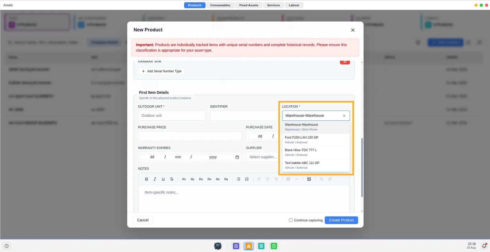 Screen shows the new product modal with the location drop down.
