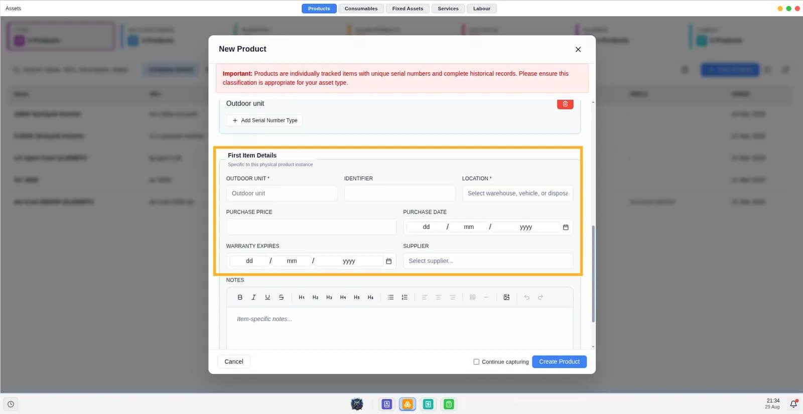Screen shows the new product modal with the first item details indicated.