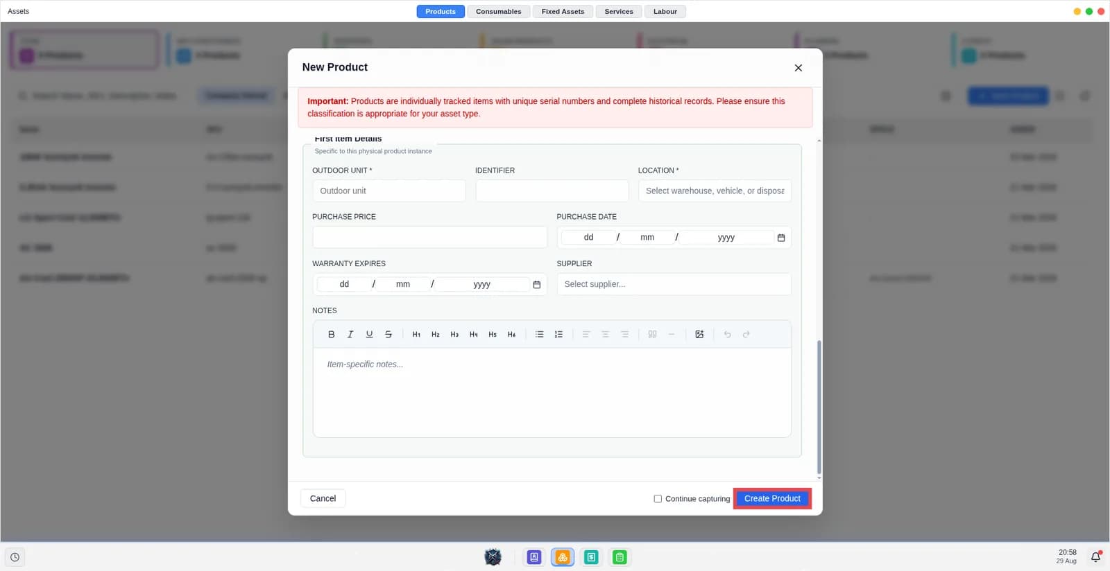Screen shows the new product modal with the create button highlighted.