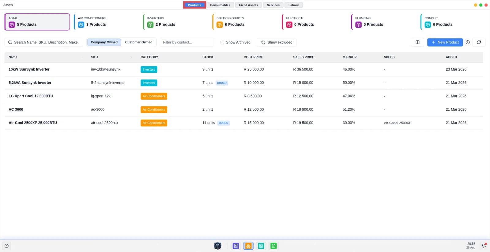 Screen shows the product list.