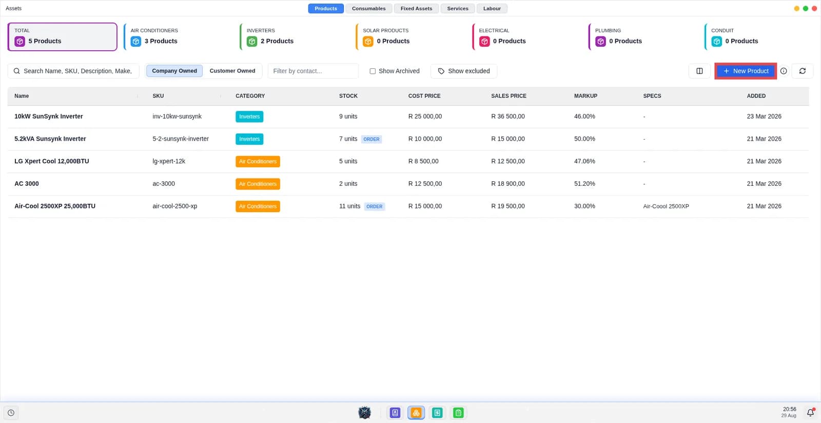 Screen shows the products list with the new product button.