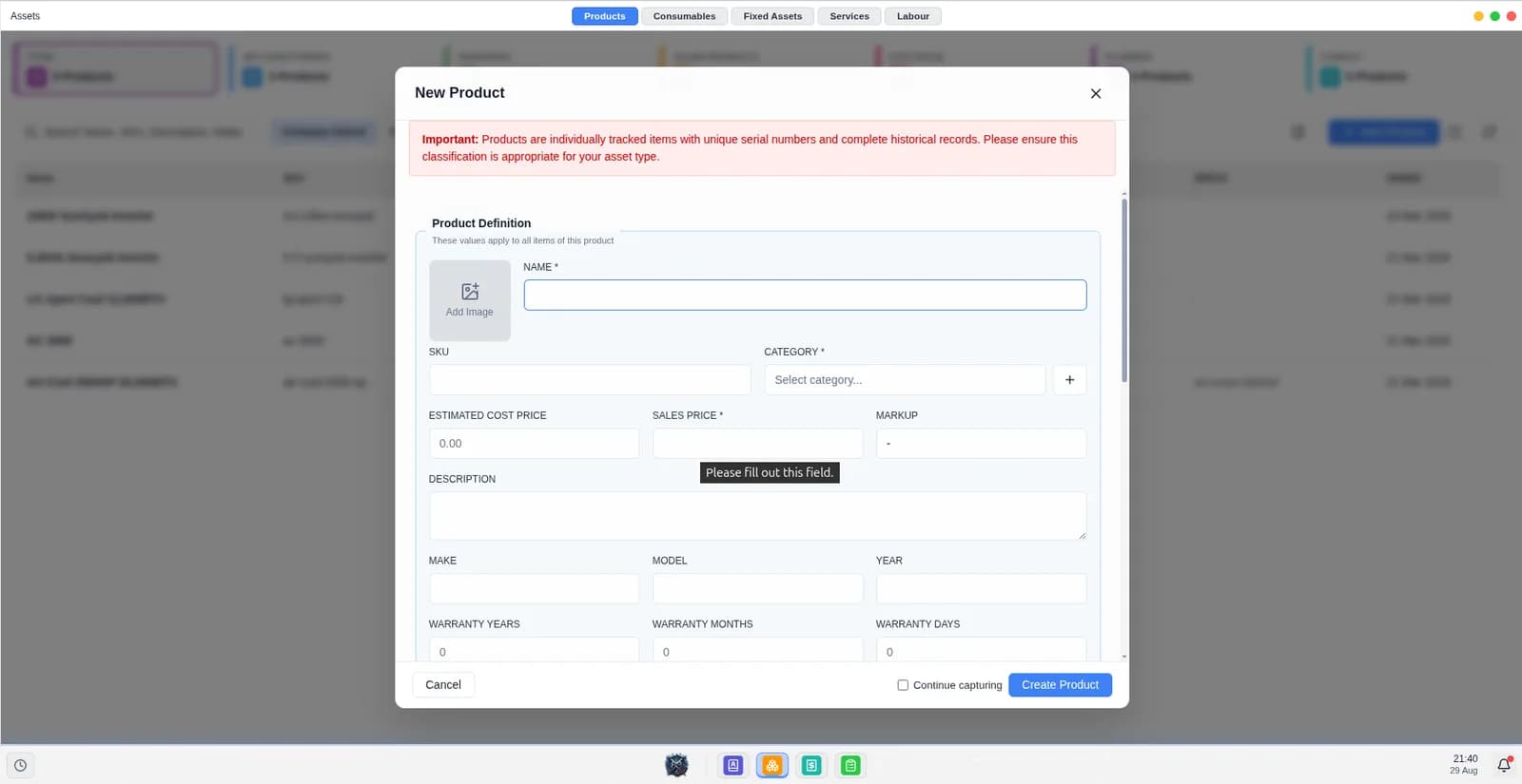 Screen shows the new product modal.