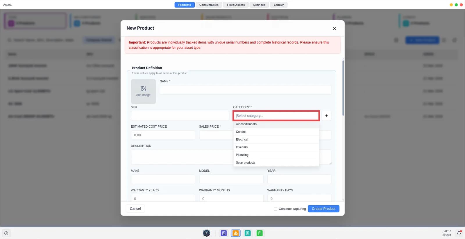 Screen shows new product modal with category drop down.