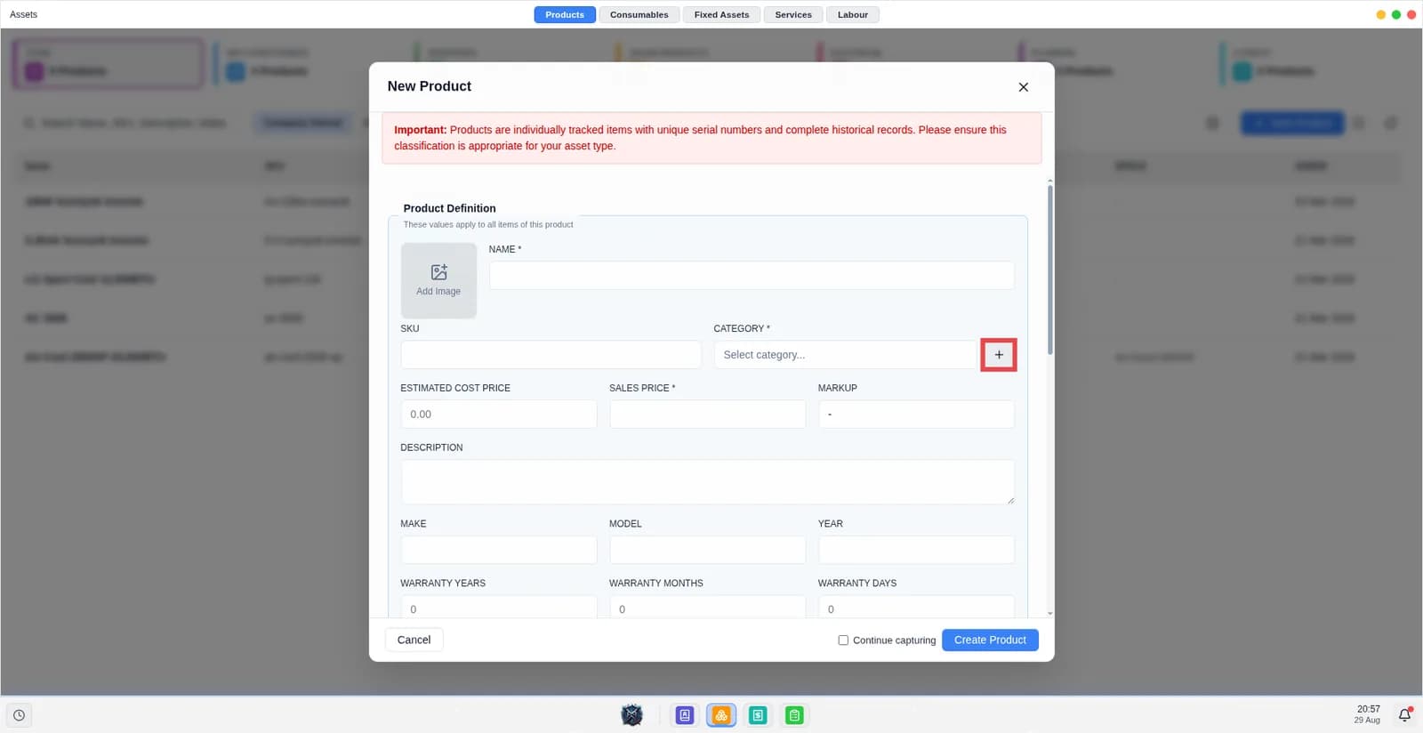 Screen shows the new product modal with the new category button.