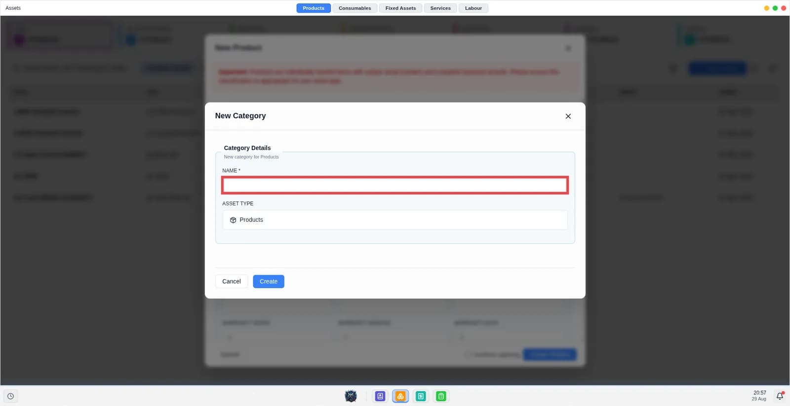 Screen shows the new category modal.