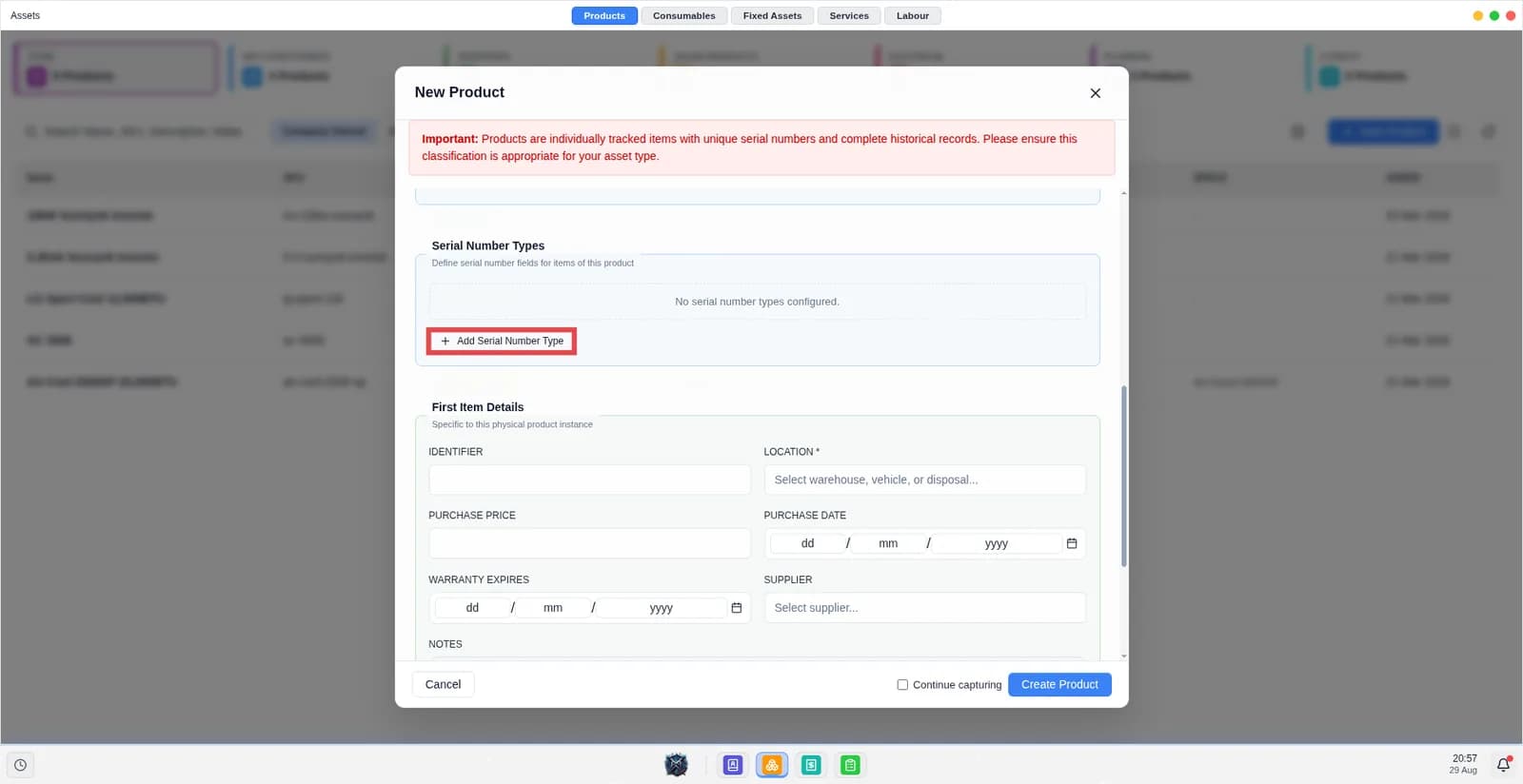 Screen shows the new product modal with the new serial number type button.