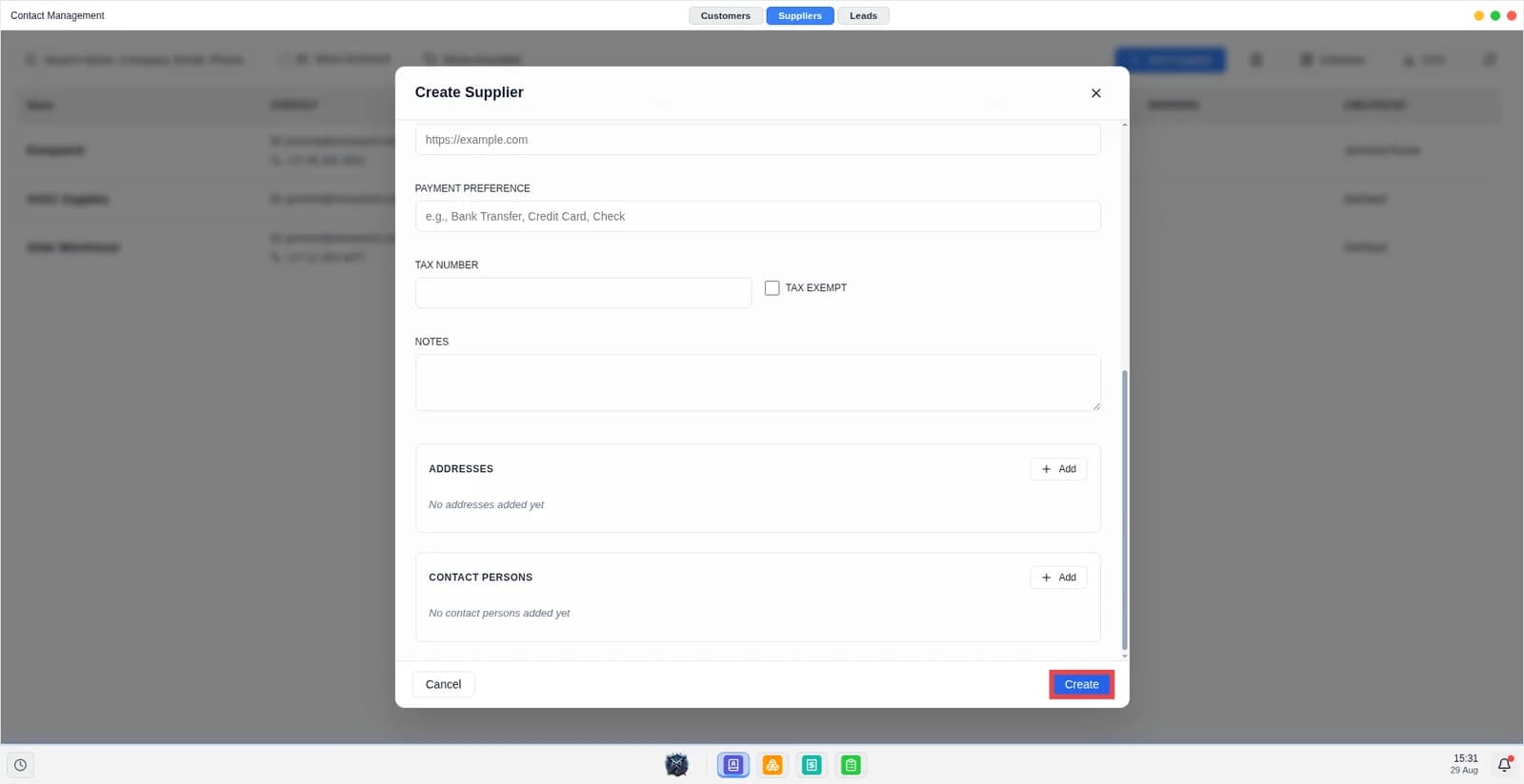 Screen shows the completed supplier modal.