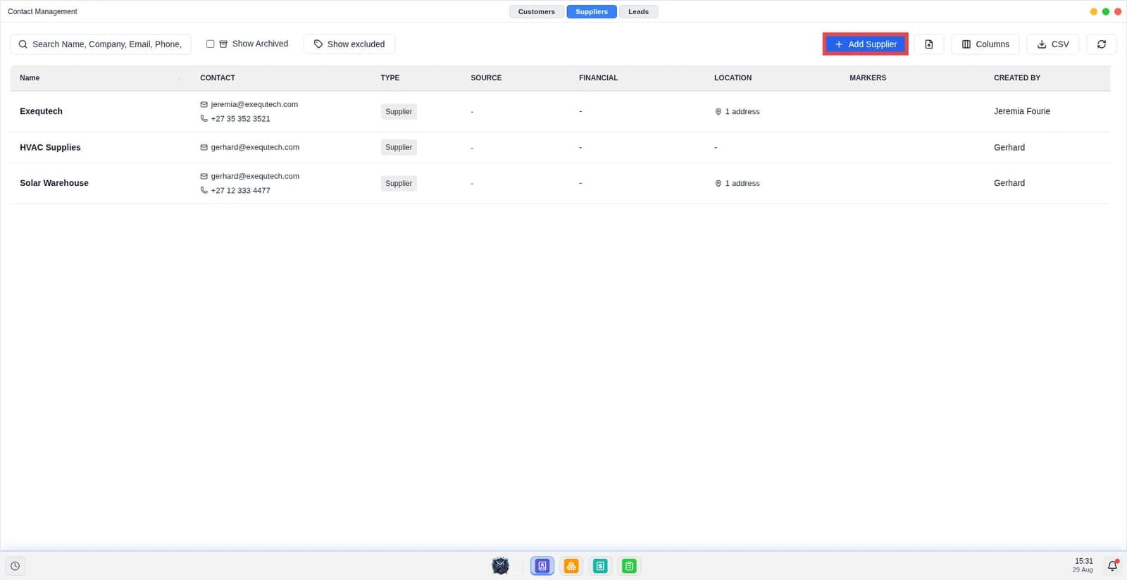 Screen shows the suppliers list with “Add suppliers” button.