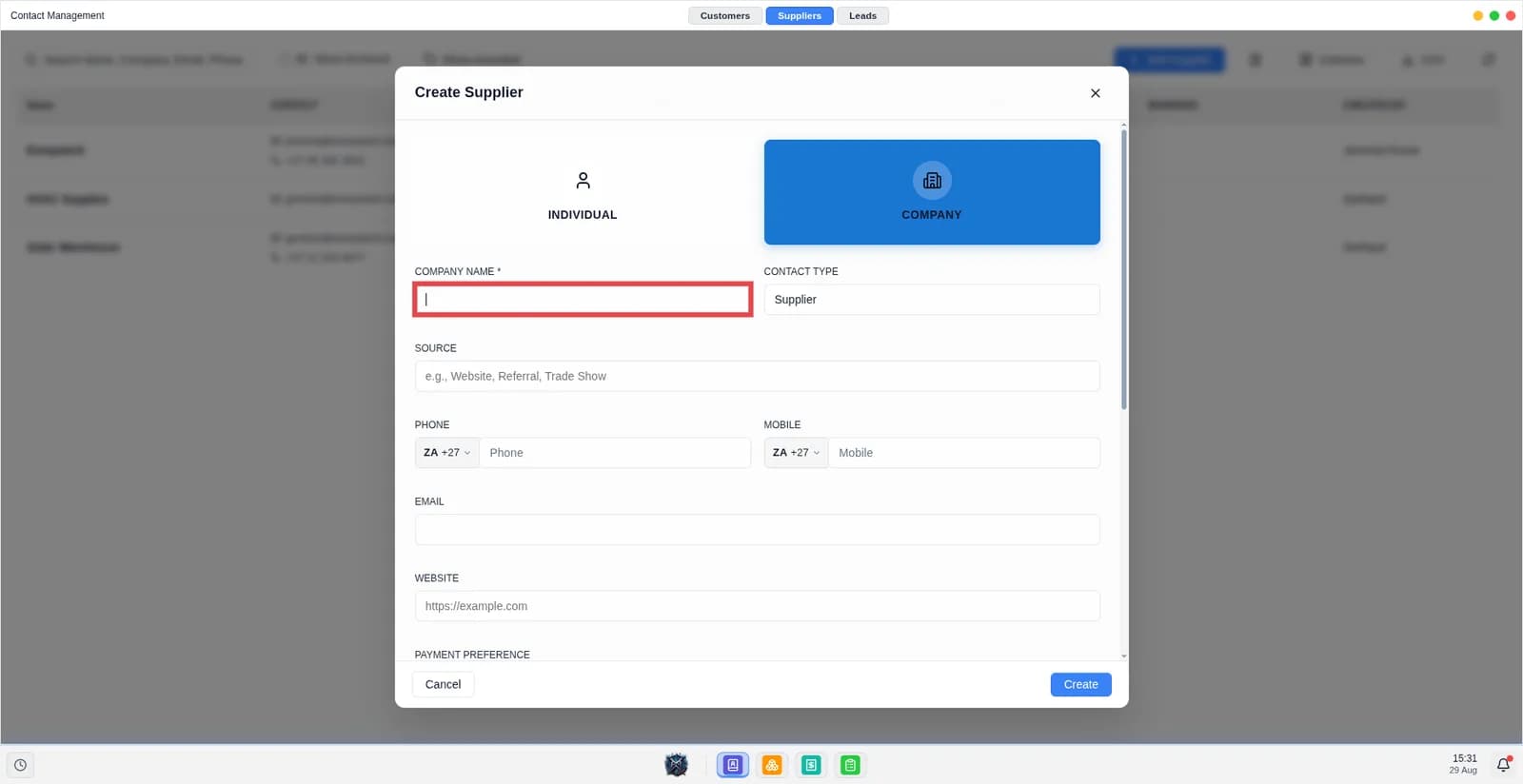 Screen shows the supplier modal.