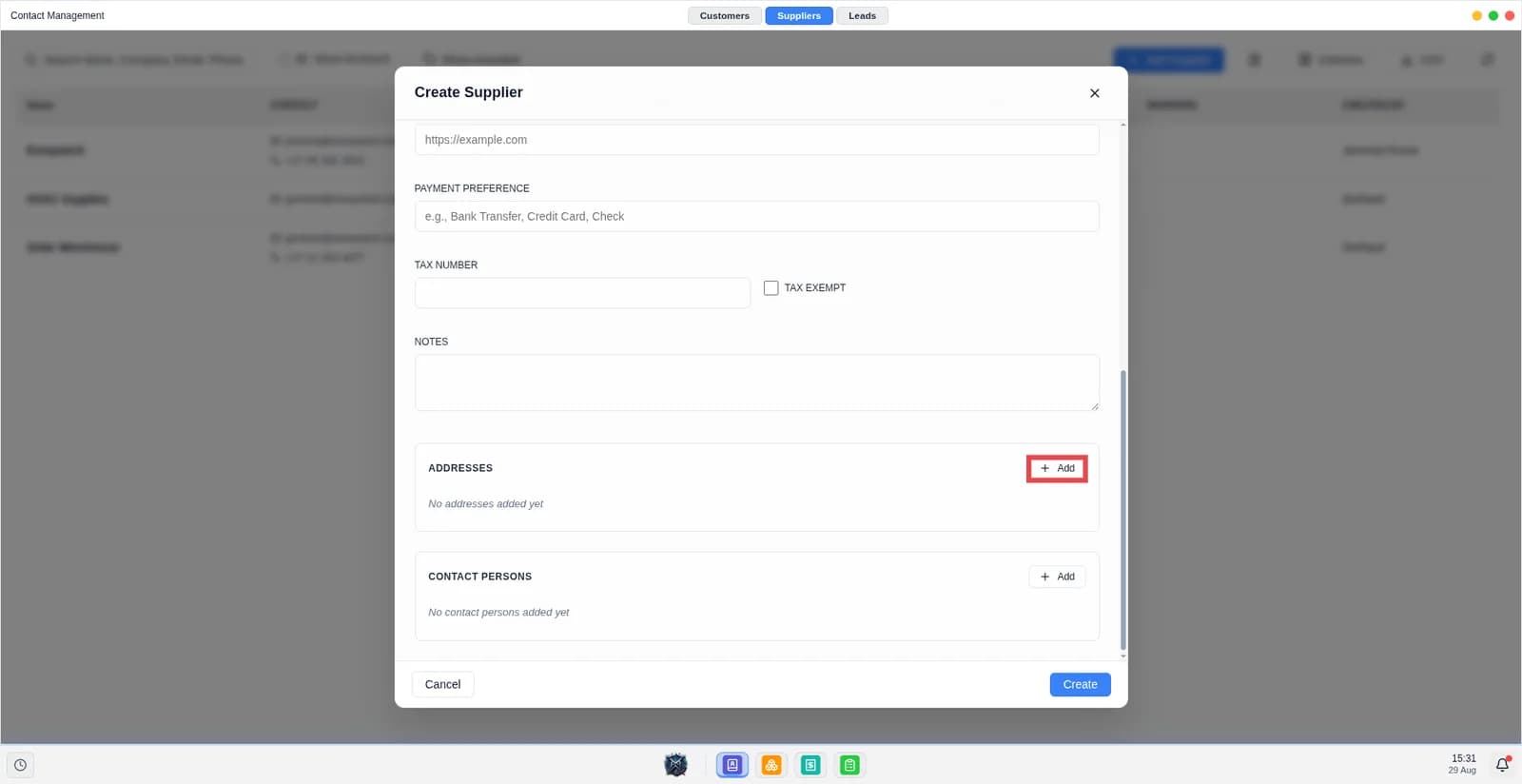 Screen shows the supplier modal.