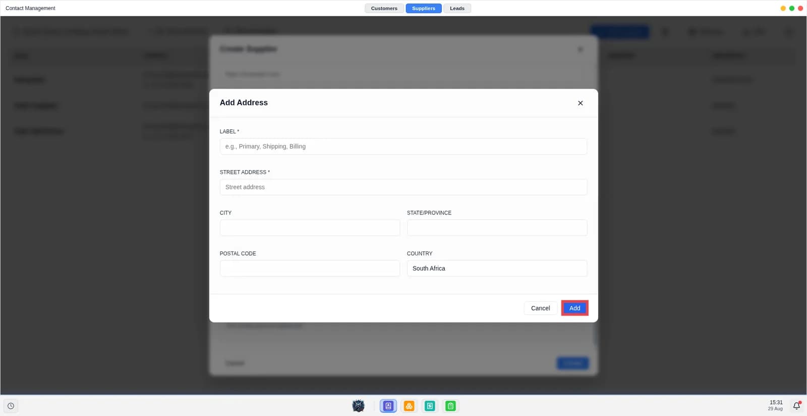 Screen shows the add address modal.