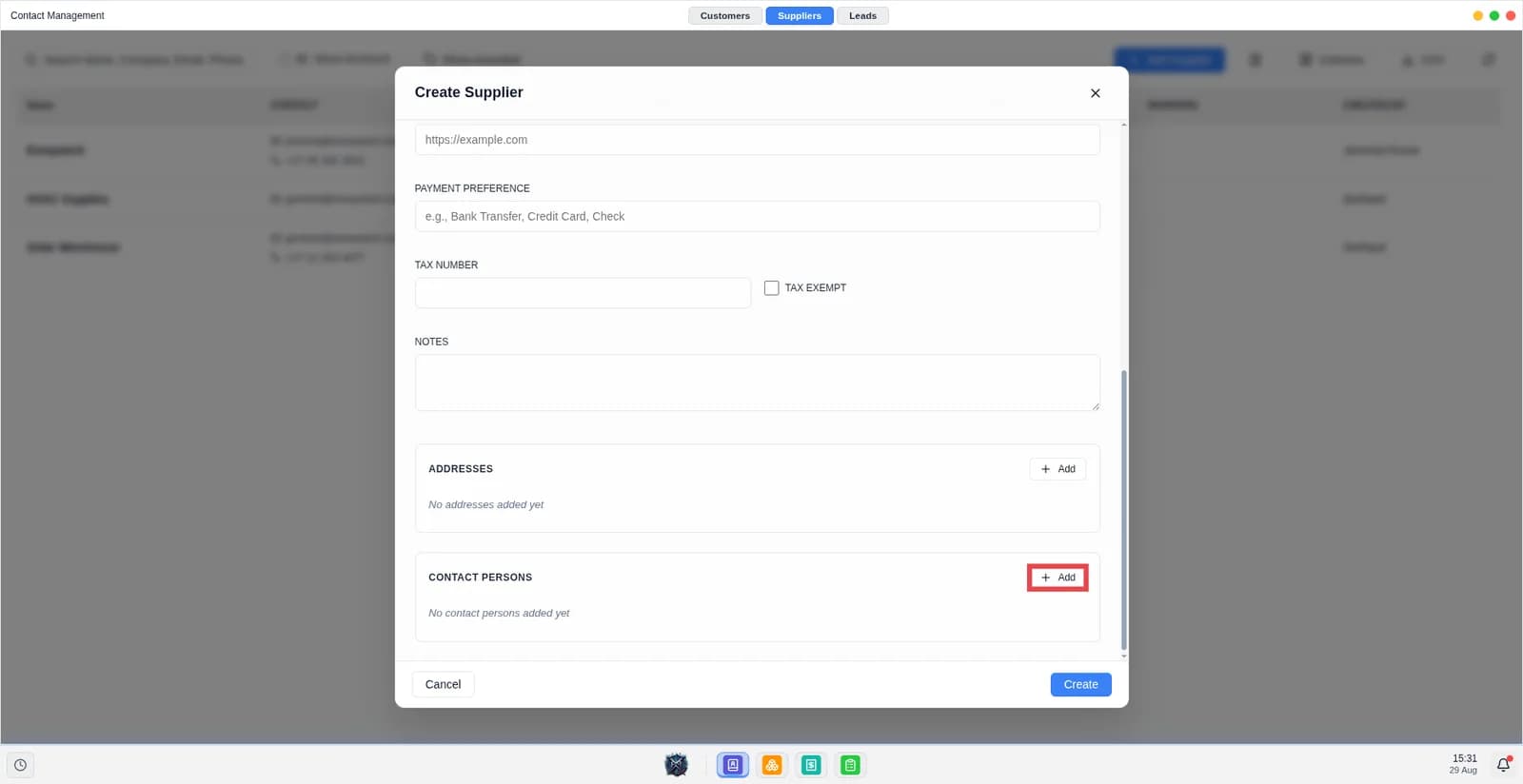 Screen shows the supplier modal.